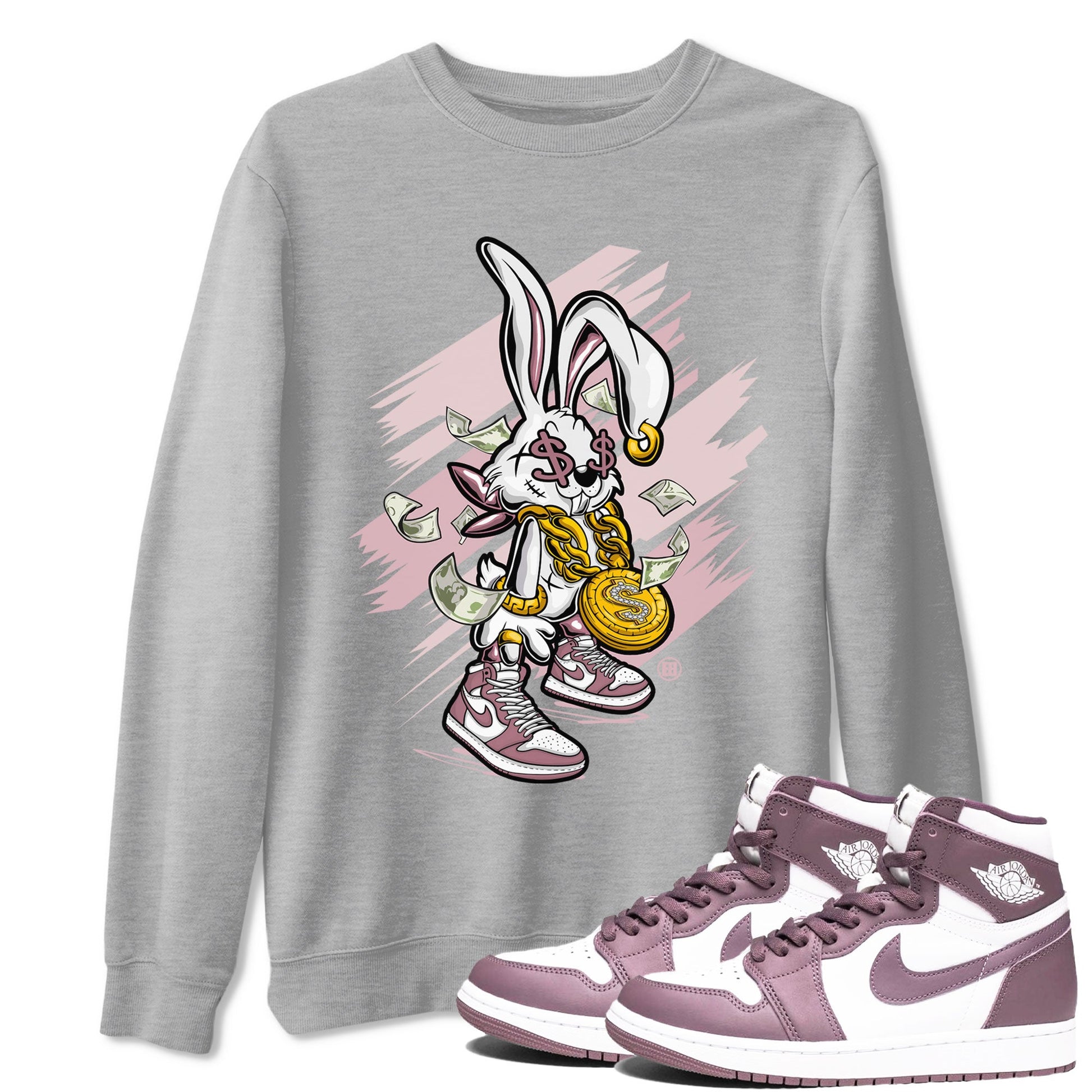 Jordan 1 High OG Mauve shirt to match jordans Rich Bunny sneaker tees Air Jordan 1 Mauve SNRT Sneaker Tees Casual Crew Neck T-Shirt Unisex Heather Grey 1 T-Shirt