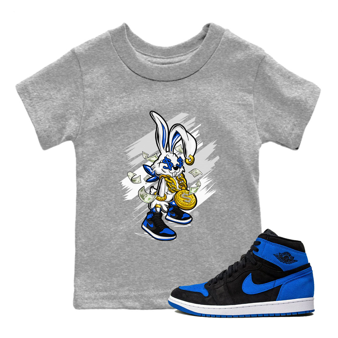 AJ1 Retro Royal Reimagined shirt to match jordans Rich Bunny sneaker tees Air Jordan 1 Royal Reimagined SNRT Sneaker Tees Casual Crew Neck T-Shirt Baby Toddler Heather Grey 1 T-Shirt