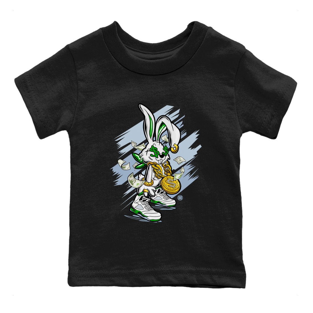 Jordan 5 Retro Lucky Green shirt to match jordans Rich Bunny sneaker tees AJ5 Retro Lucky Green SNRT Sneaker Tees Kids Youth Sneaker Matching Shirt Black 2 T-Shirt