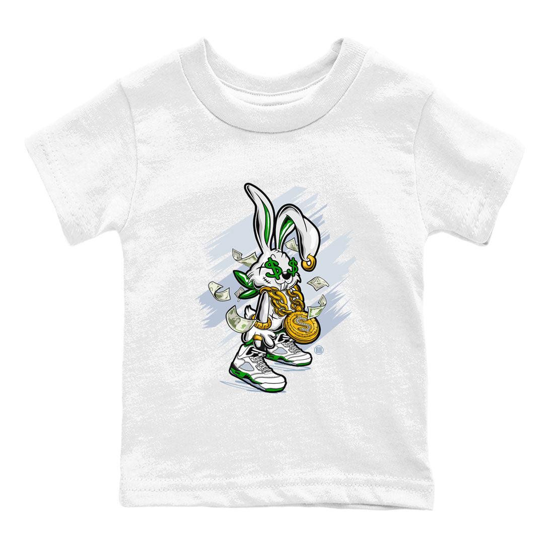 Jordan 5 Retro Lucky Green shirt to match jordans Rich Bunny sneaker tees AJ5 Retro Lucky Green SNRT Sneaker Tees Kids Youth Sneaker Matching Shirt White 2 T-Shirt