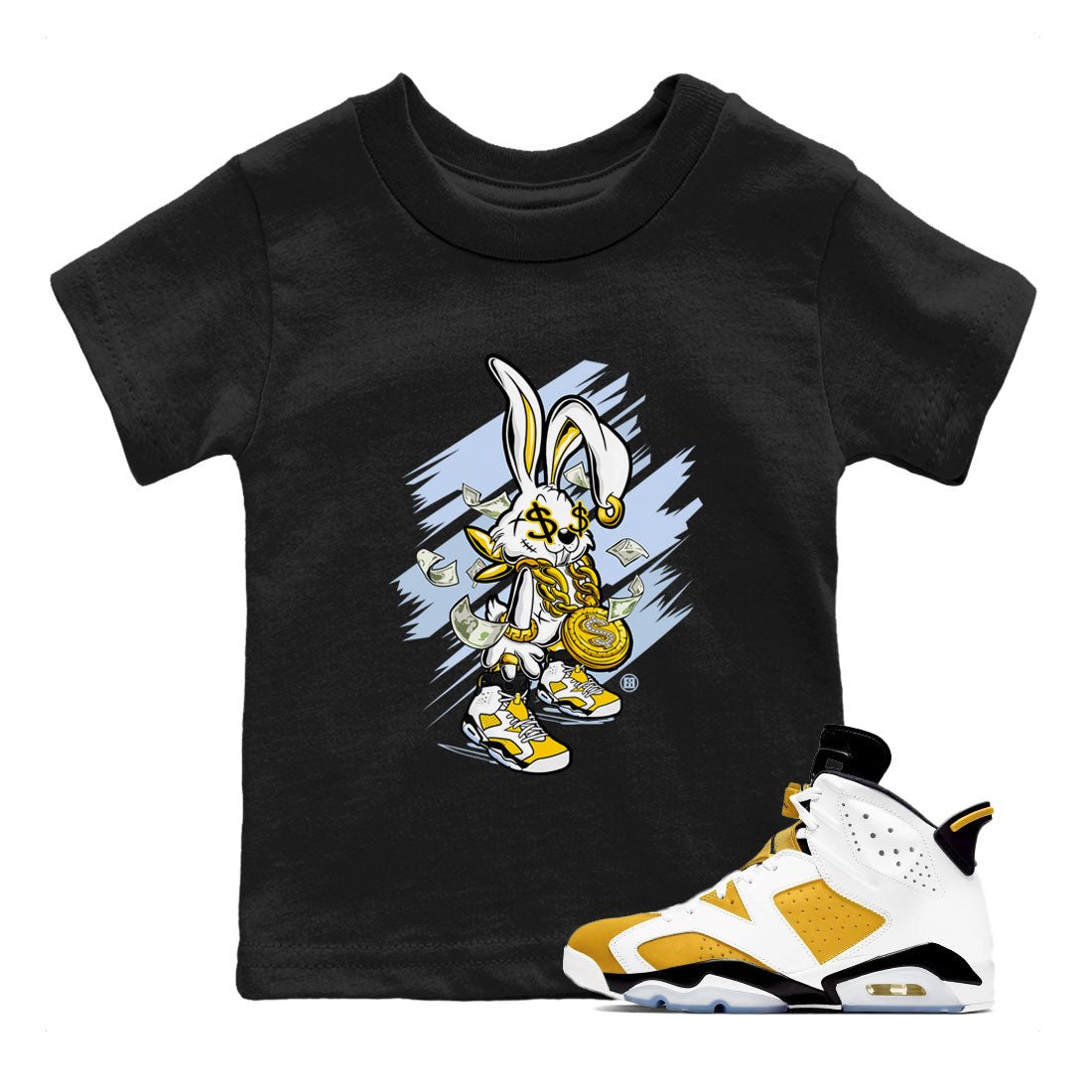 Air Jordan 6 Yellow Ochre shirt to match jordans Rich Bunny special sneaker matching tees AJ6 Yellow Ochre SNRT sneaker tees Baby Toddler Black 1 T-Shirt