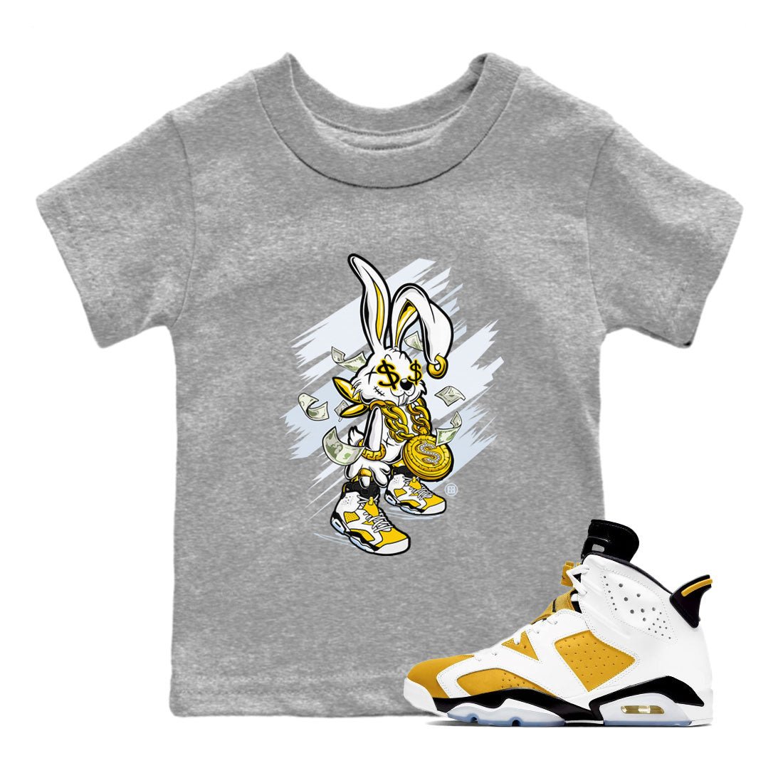 Air Jordan 6 Yellow Ochre shirt to match jordans Rich Bunny special sneaker matching tees AJ6 Yellow Ochre SNRT sneaker tees Baby Toddler Heather Grey 1 T-Shirt