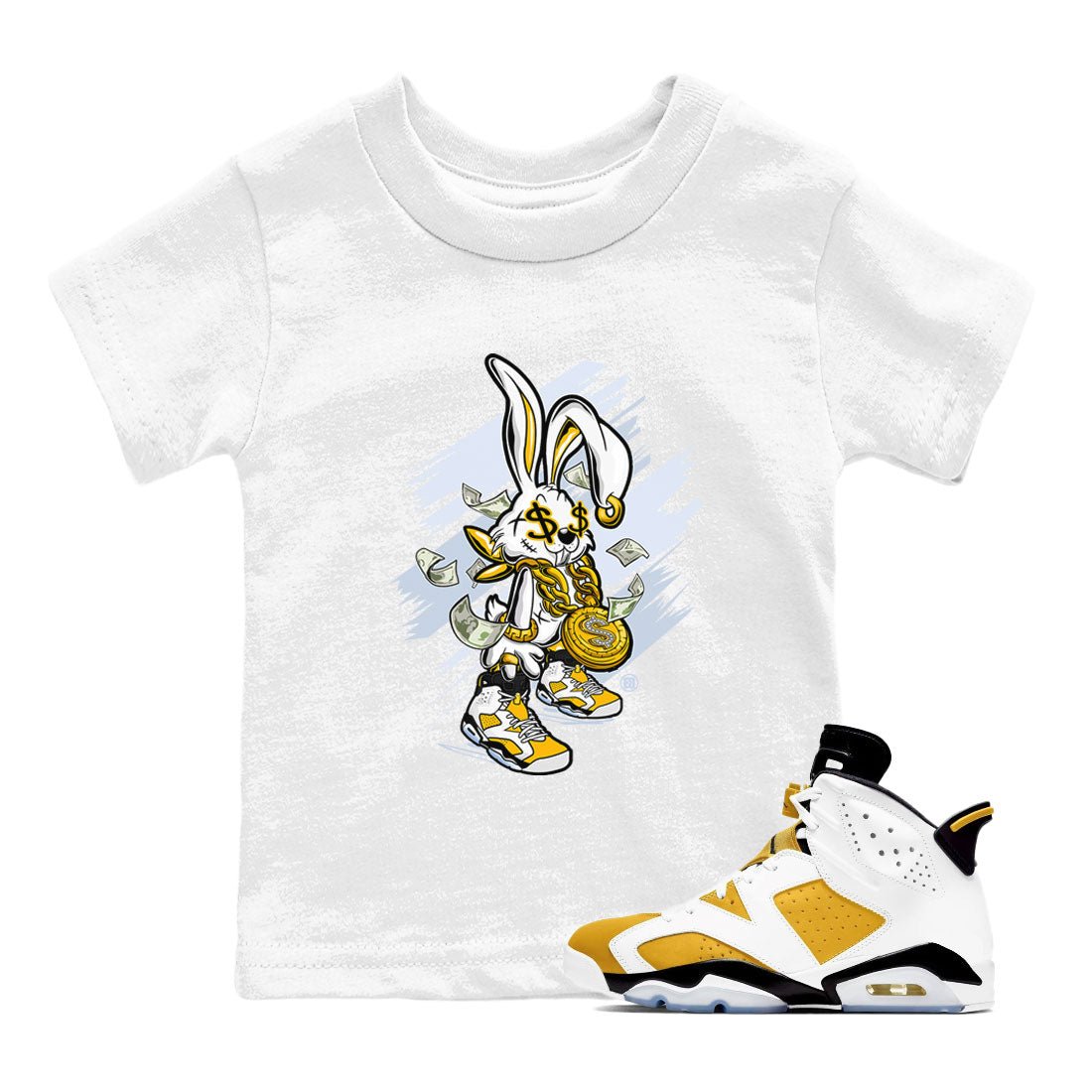 Air Jordan 6 Yellow Ochre shirt to match jordans Rich Bunny special sneaker matching tees AJ6 Yellow Ochre SNRT sneaker tees Baby Toddler White 1 T-Shirt
