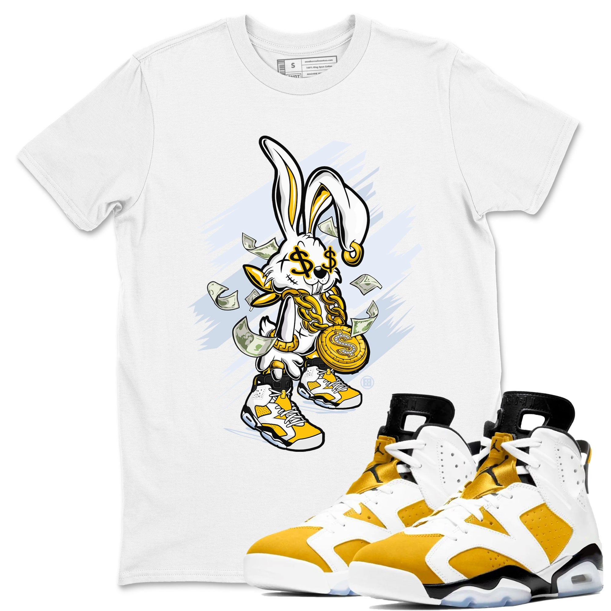 Air Jordan 6 Yellow Ochre shirt to match jordans Rich Bunny special sneaker matching tees AJ6 Yellow Ochre SNRT sneaker tees Unisex White 1 T-Shirt