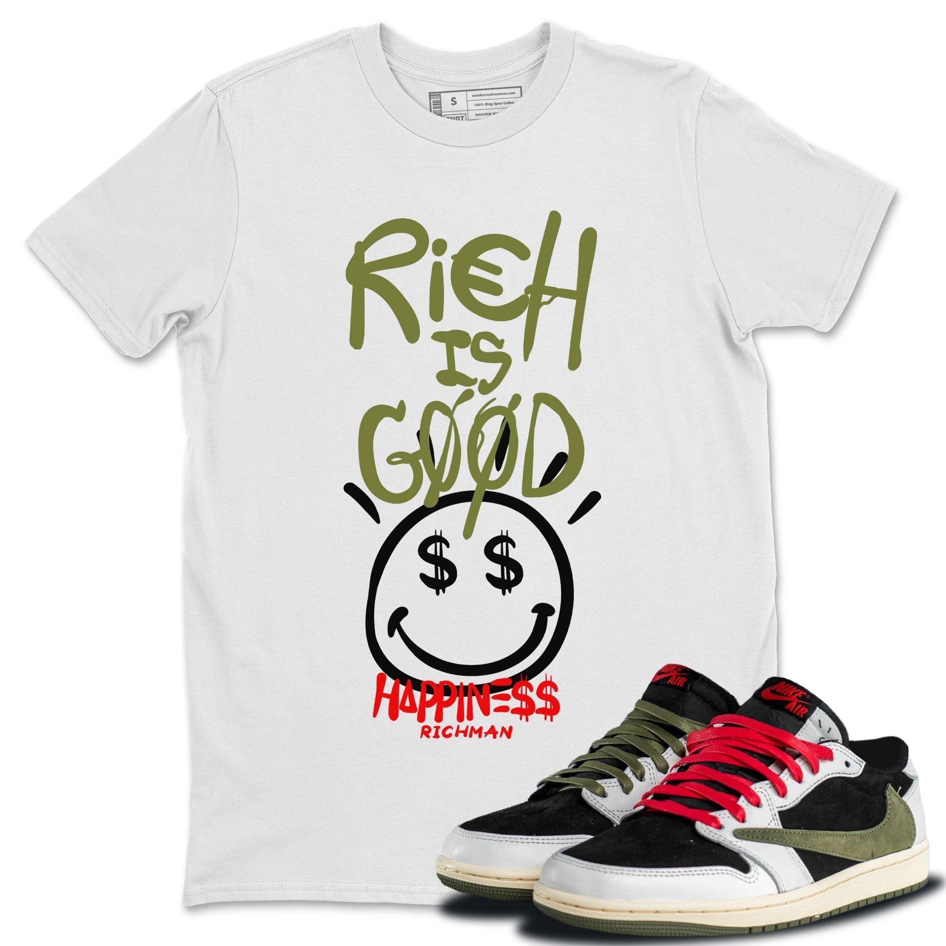 Jordan 1 Travis Scott Olive Sneaker Match Tees Rich Is Good Sneaker Tees Jordan 1 Travis Scott Olive Sneaker Release Tees Unisex Shirts