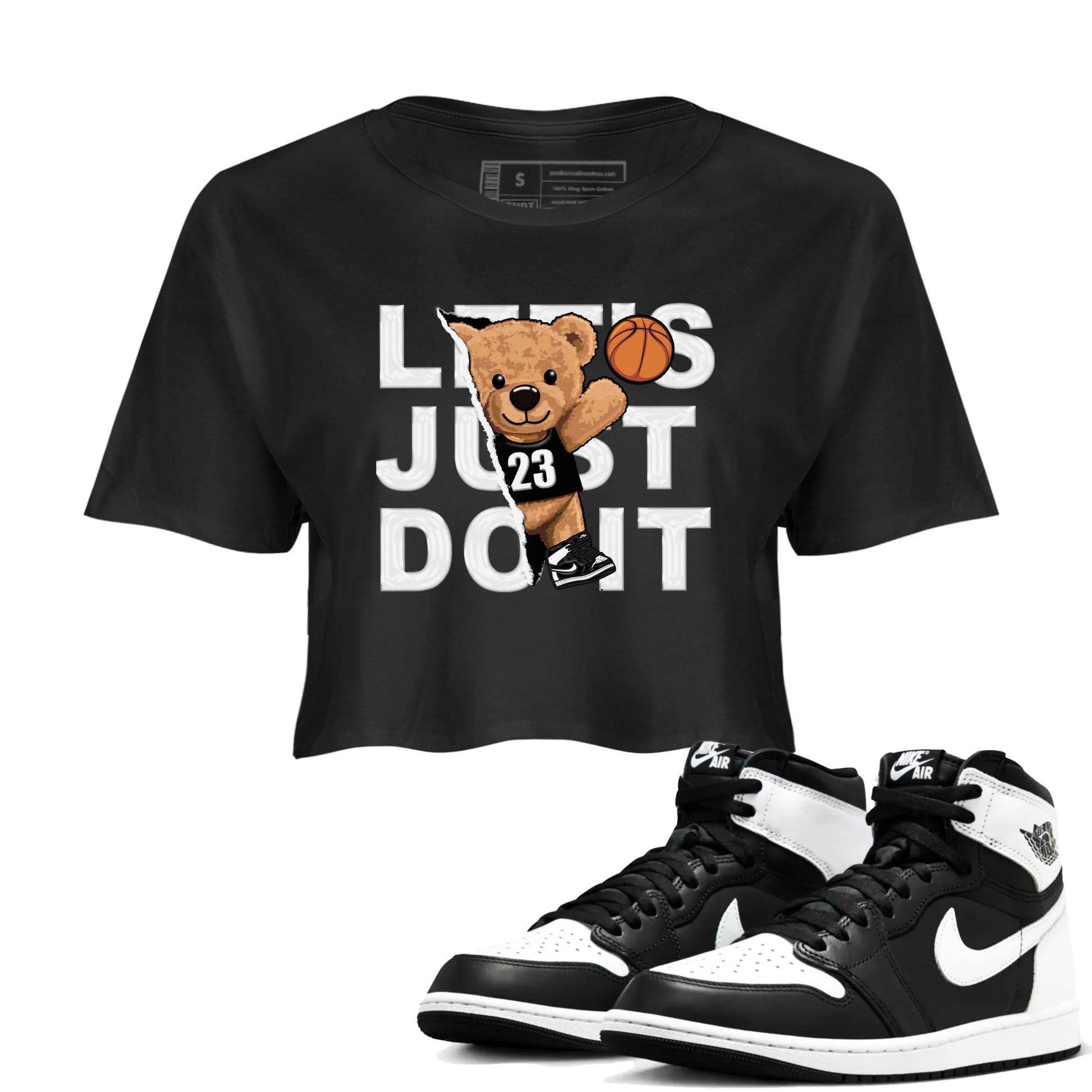 1s Black White shirt to match jordans Rip Out Bear sneaker tees Air Jordan 1 Black White SNRT Sneaker Release Tees Black 1 crop length shirt