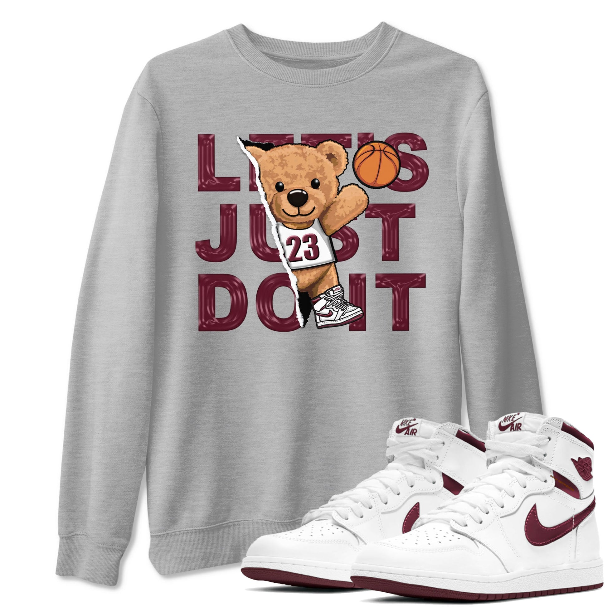 AJ1 Metalic Burgundy shirt to match jordans Rip Out Bear sneaker tees Air Jordan 1 Metalic Burgundy SNRT Sneaker Release Tees unisex cotton Heather Grey 1 crew neck shirt