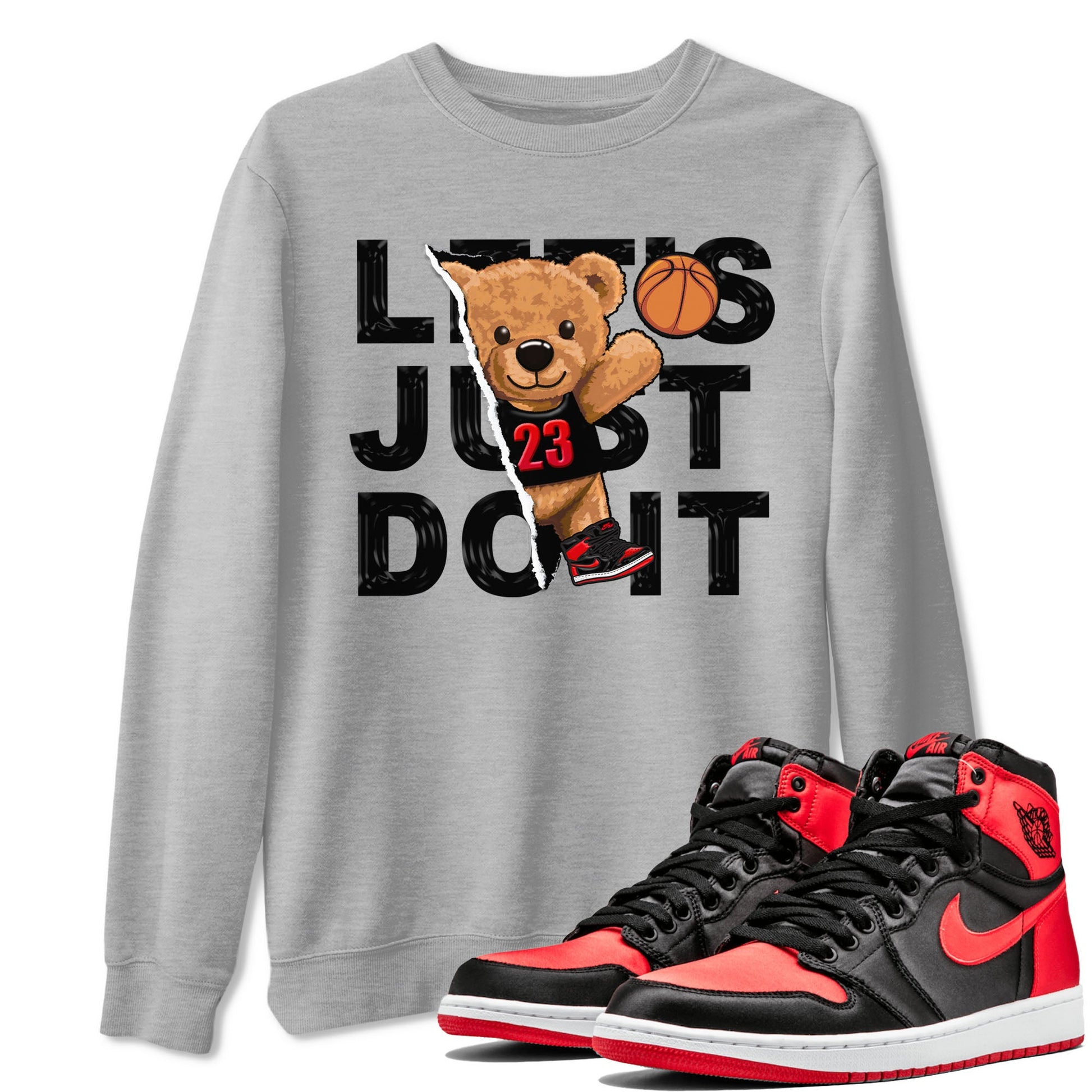 Air Jordan 1 Satin Bred shirt to match jordans Rip Out Bear sneaker tees AJ1 Retro Satin Bred SNRT Sneaker Tees Sneaker Matching Clothing Brand Unisex Sneaker Tee Heather Grey 1 T-Shirt