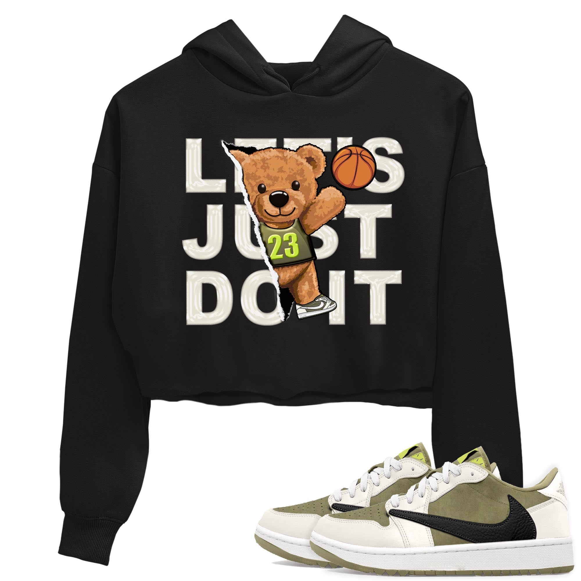 Jordan 1 Low X Travis Scott Golf Olive shirt to match jordans Rip Out Bear sneaker release tees Air Jordan 1 Travis Scott Golf Olive SNRT Sneaker Tees Black 1 Crop T-Shirt
