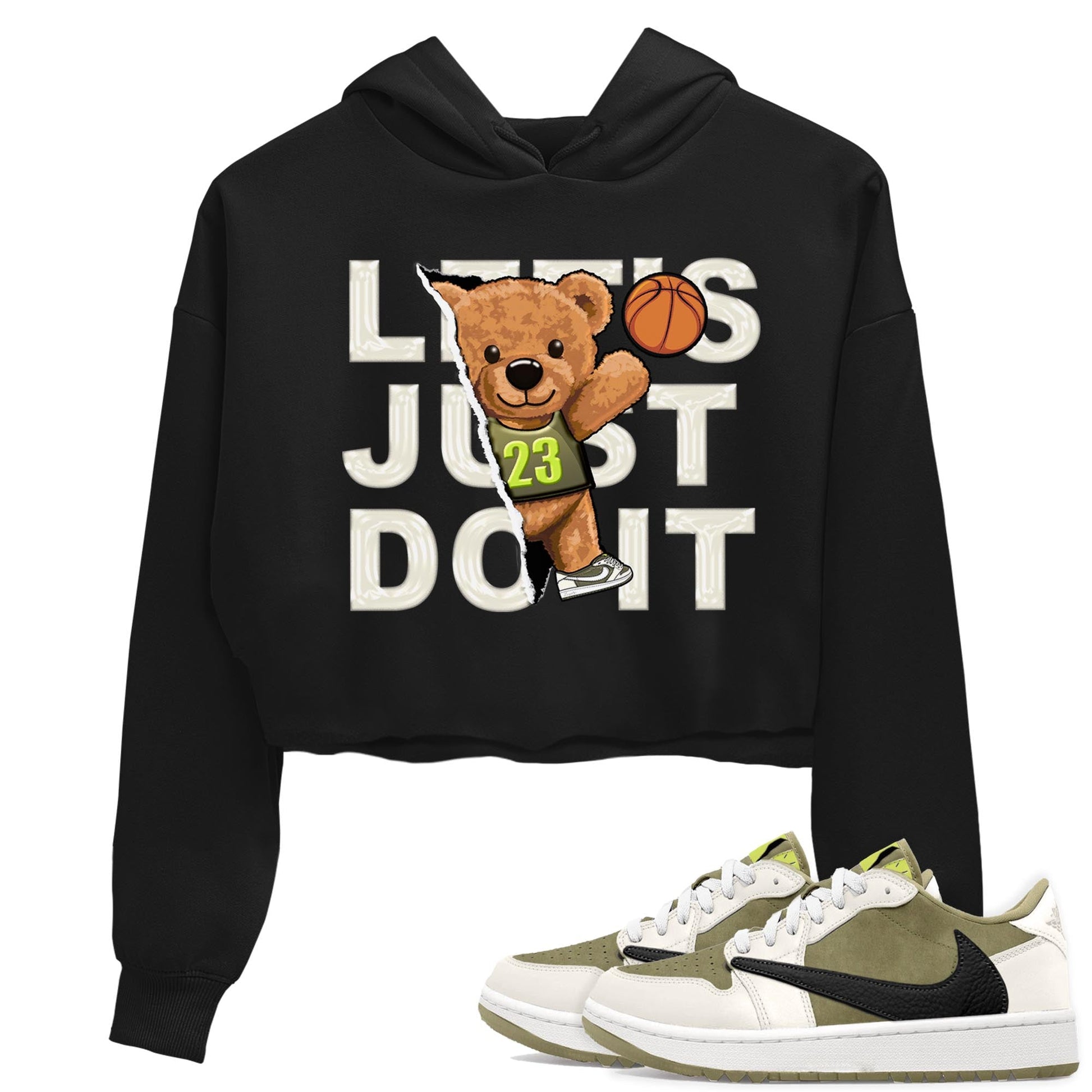 Jordan 1 Low X Travis Scott Golf Olive shirt to match jordans Rip Out Bear sneaker release tees Air Jordan 1 Travis Scott Golf Olive SNRT Sneaker Tees Black 1 Crop T-Shirt
