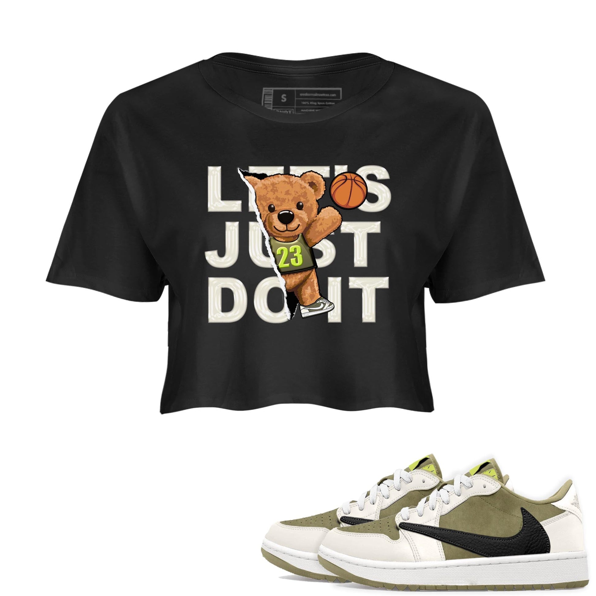 Jordan 1 Low X Travis Scott Golf Olive shirt to match jordans Rip Out Bear sneaker release tees Air Jordan 1 Travis Scott Golf Olive SNRT Sneaker Tees Black 1 Crop T-Shirt