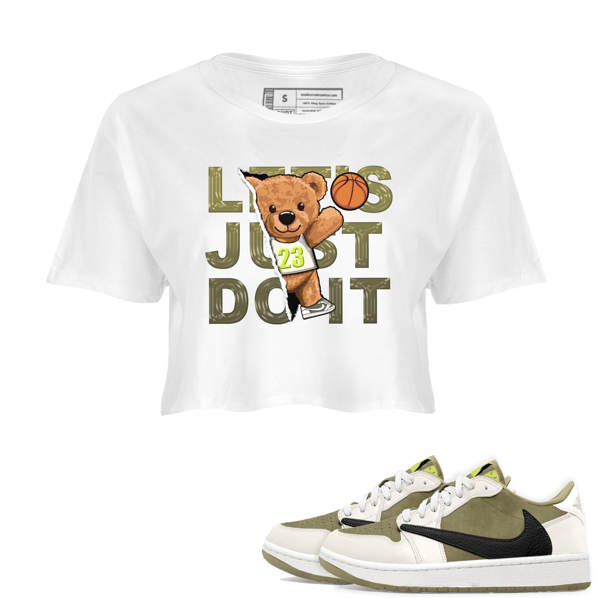 Jordan 1 Low X Travis Scott Golf Olive shirt to match jordans Rip Out Bear sneaker release tees Air Jordan 1 Travis Scott Golf Olive SNRT Sneaker Tees White 1 Crop T-Shirt