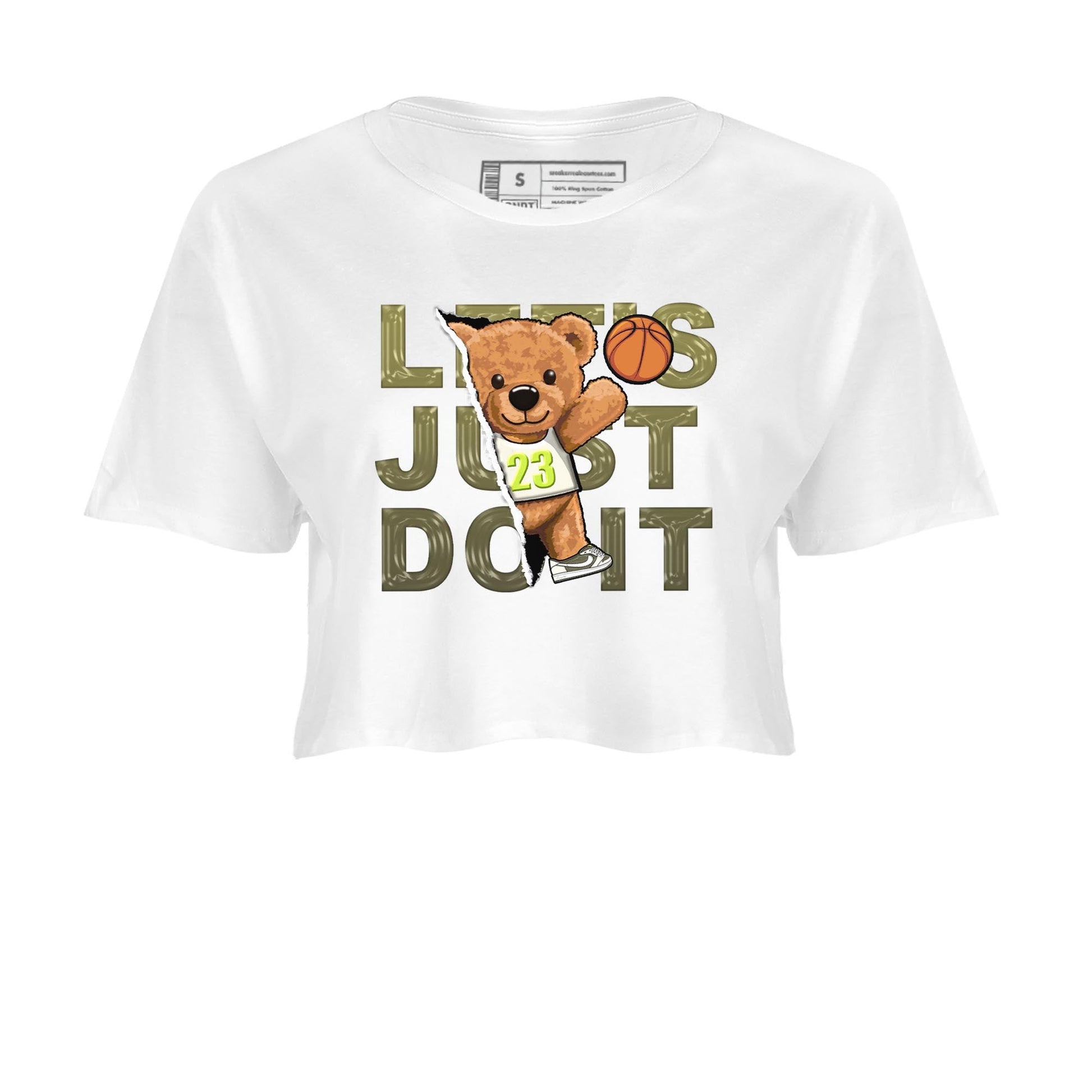 Jordan 1 Low X Travis Scott Golf Olive shirt to match jordans Rip Out Bear sneaker release tees Air Jordan 1 Travis Scott Golf Olive SNRT Sneaker Tees White 2 Crop T-Shirt