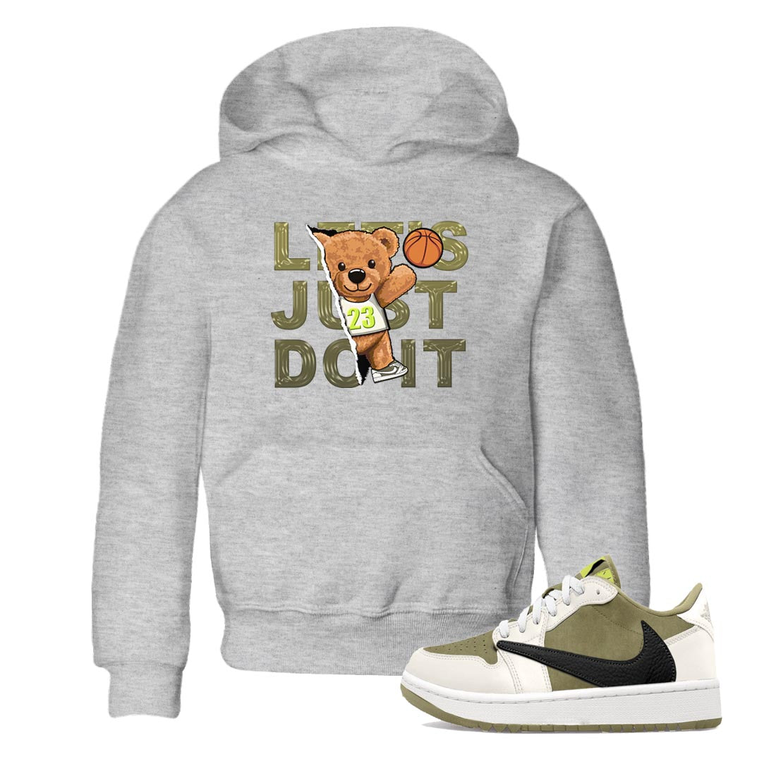 Jordan 1 Low X Travis Scott Golf Olive shirt to match jordans Rip Out Bear sneaker release tees Air Jordan 1 Travis Scott Golf Olive SNRT Sneaker Tees Baby Toddler Heather Grey 1 T-Shirt