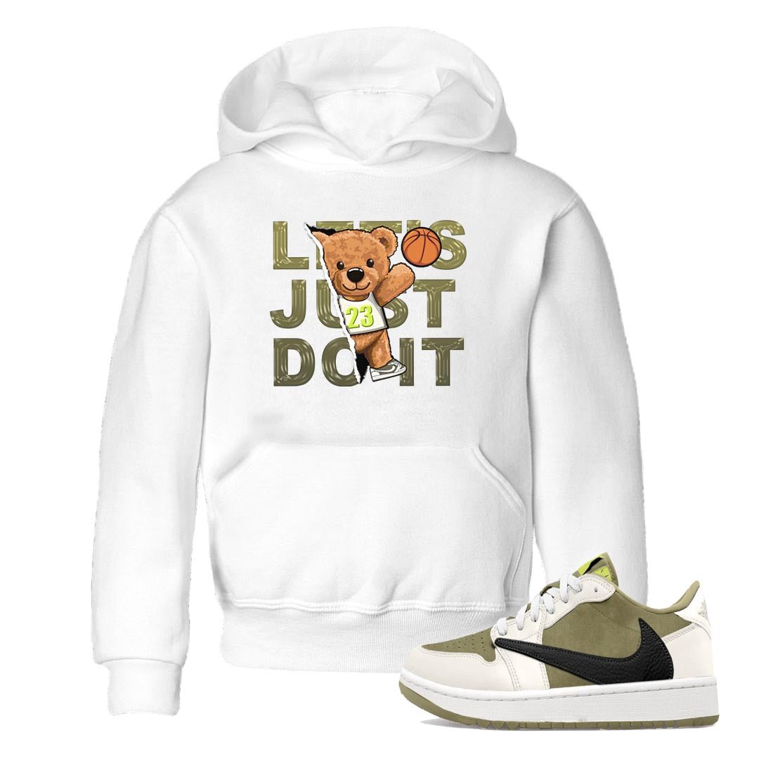 Jordan 1 Low X Travis Scott Golf Olive shirt to match jordans Rip Out Bear sneaker release tees Air Jordan 1 Travis Scott Golf Olive SNRT Sneaker Tees Baby Toddler White 1 T-Shirt