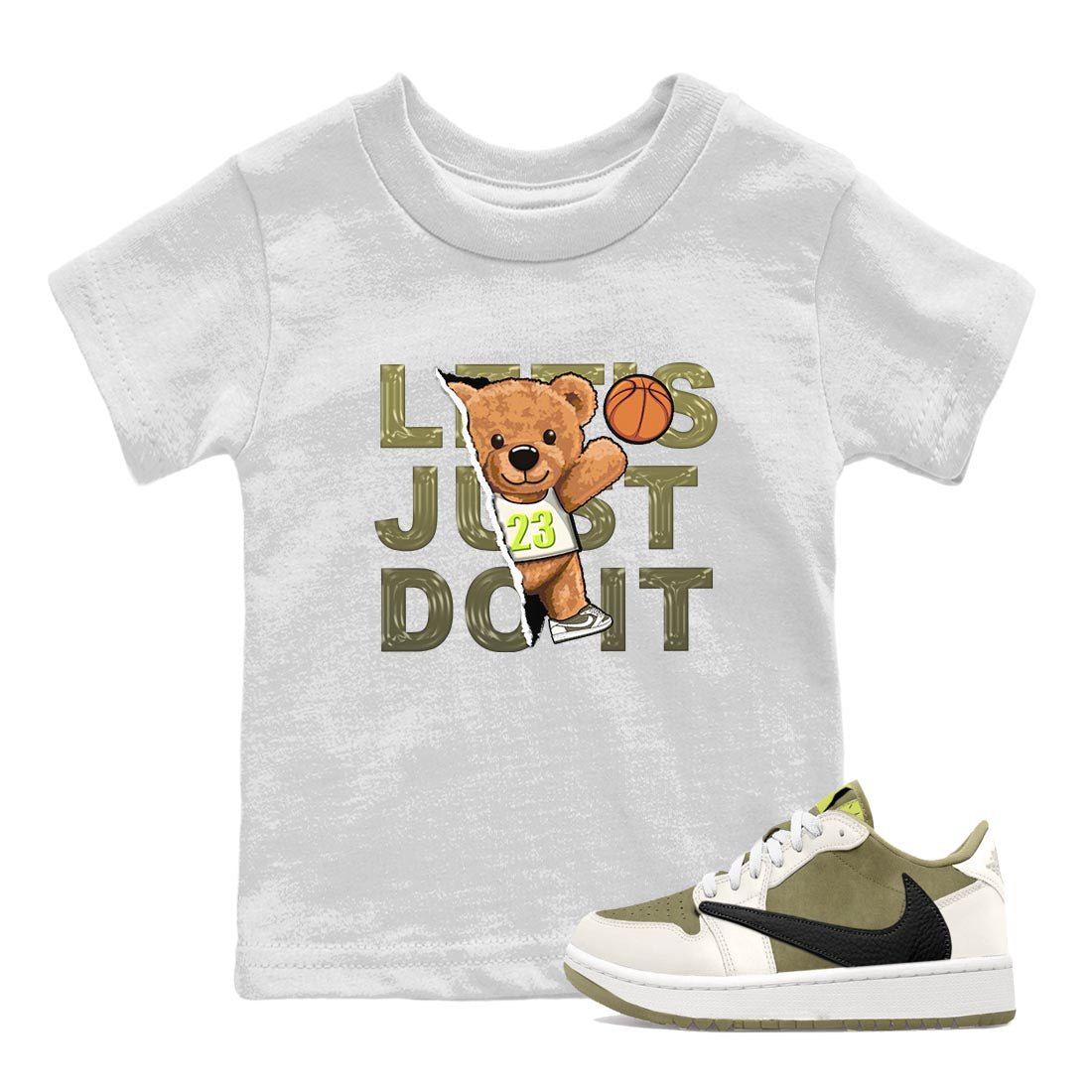 Jordan 1 Low X Travis Scott Golf Olive shirt to match jordans Rip Out Bear sneaker release tees Air Jordan 1 Travis Scott Golf Olive SNRT Sneaker Tees Baby Toddler White 1 T-Shirt