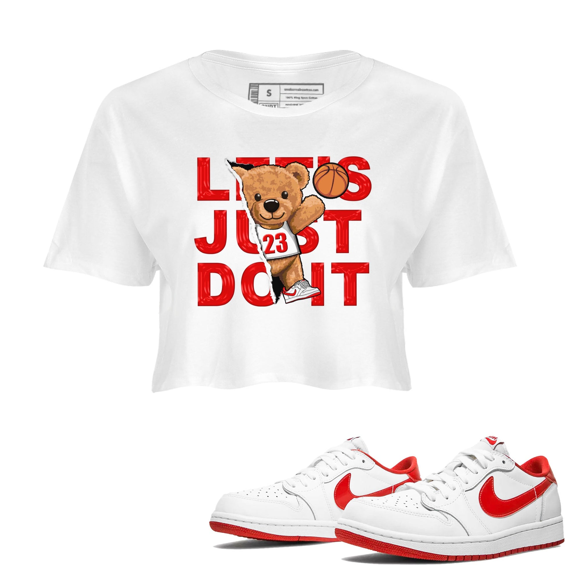 1s Low University Red shirt to match jordans Rip Out Bear sneaker tees Air Jordan 1 University Red SNRT Sneaker Tees Sneaker Matching Clothing Brand White 1 Crop T-Shirt