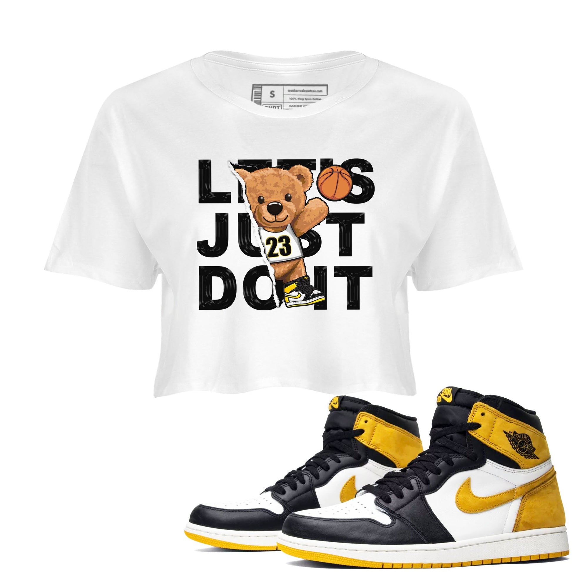 1s Yellow Ochre shirt to match jordans Rip Out Bear sneaker tees Air Jordan 1 High OG Yellow Ochre SNRT Sneaker Release Tees White 1 crop length shirt