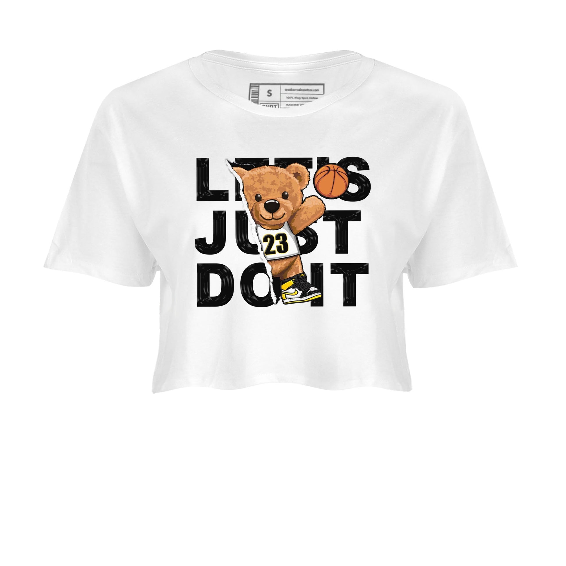 1s Yellow Ochre shirt to match jordans Rip Out Bear sneaker tees Air Jordan 1 High OG Yellow Ochre SNRT Sneaker Release Tees White 2 crop length shirt