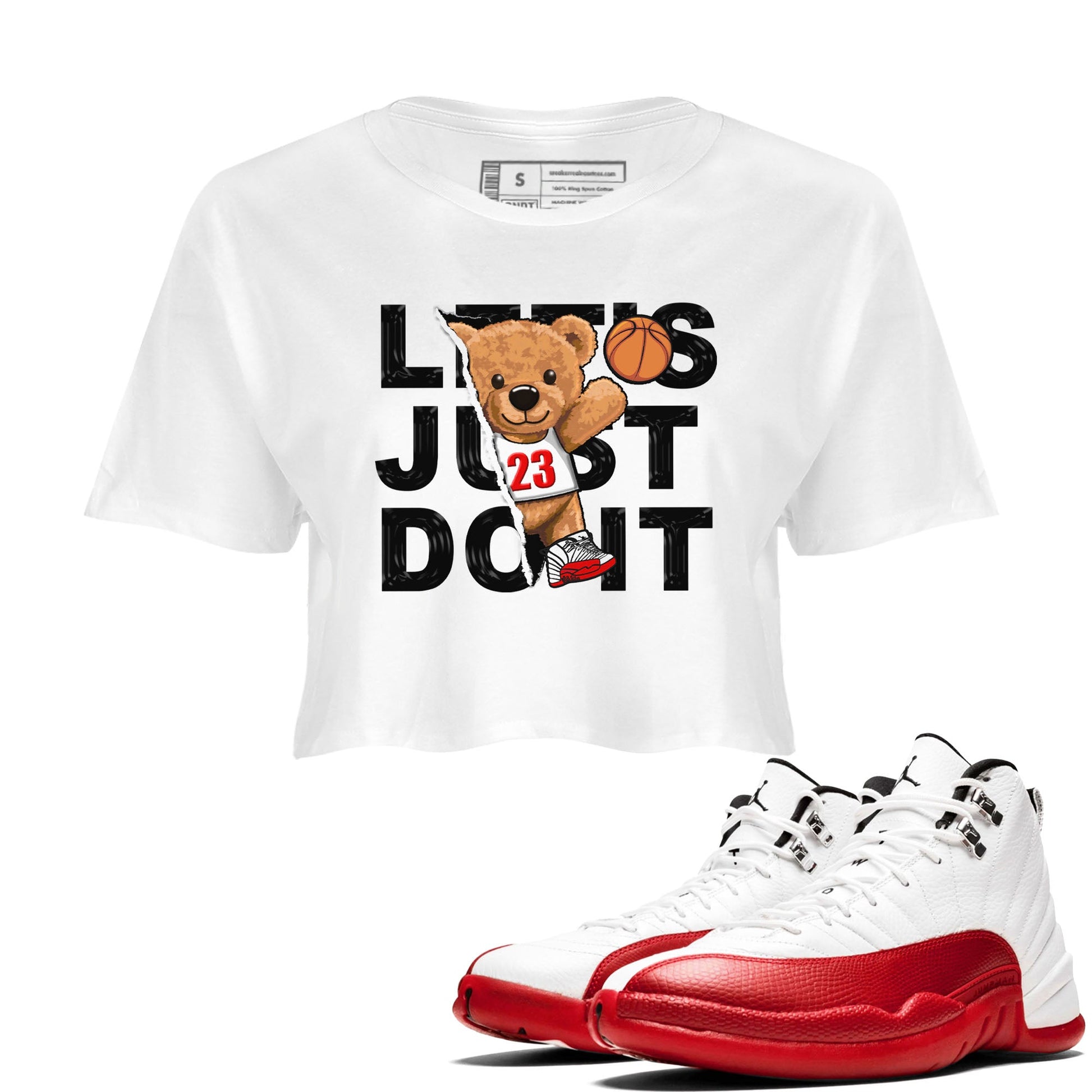 Jordan 12 Retro Cherry shirt to match jordans Varsity Red Rip Out Bear special sneaker matching tees 12s Cherry SNRT sneaker tees White 1 Crop T-Shirt