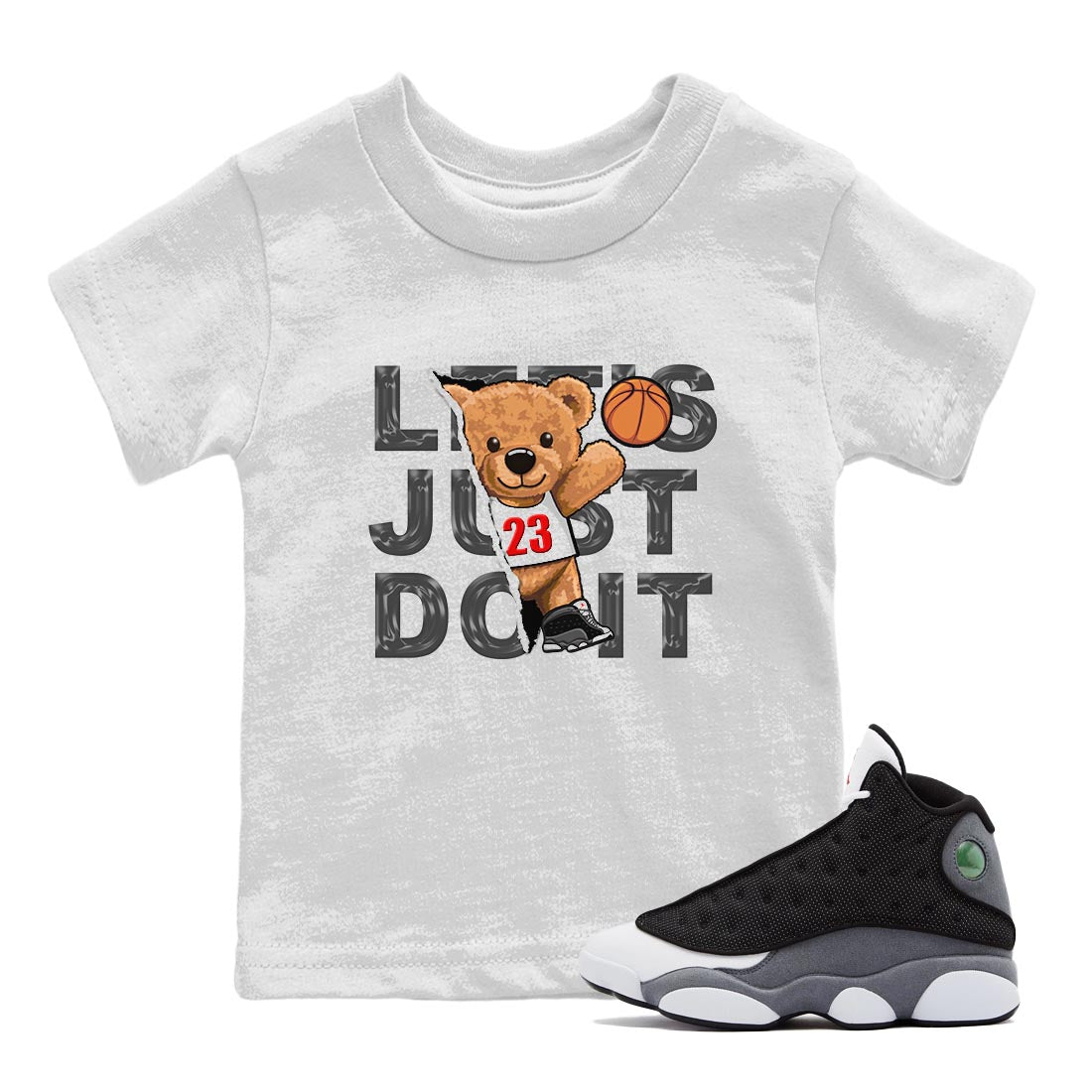 Air Jordan 13 Black Flint Sneaker Match Tees Rip Out Bear Sneaker Tees AJ 13s Black Flint Sneaker Release Tees Kids Shirts White 1