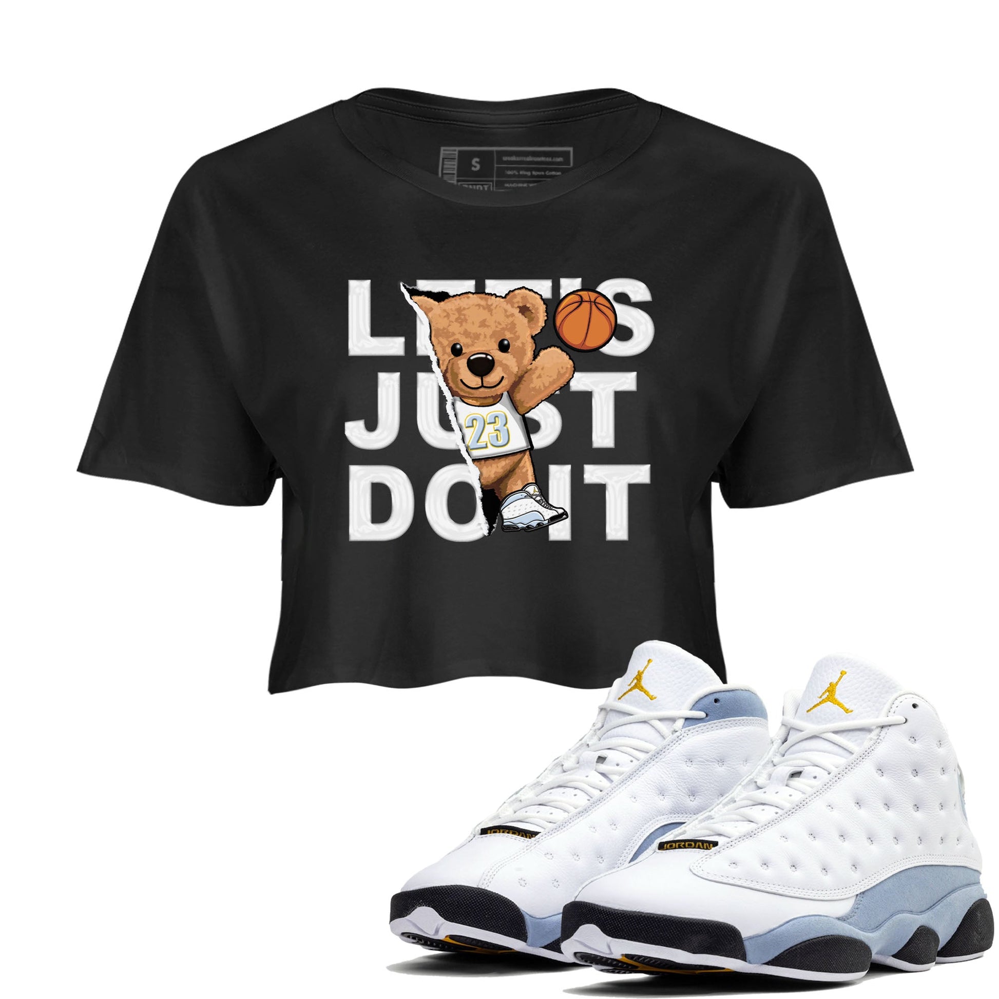 13s Blue Grey shirt to match jordans Rip Out Bear sneaker tees Air Jordan 13 Blue Grey SNRT Sneaker Release Tees Black 1 crop length shirt