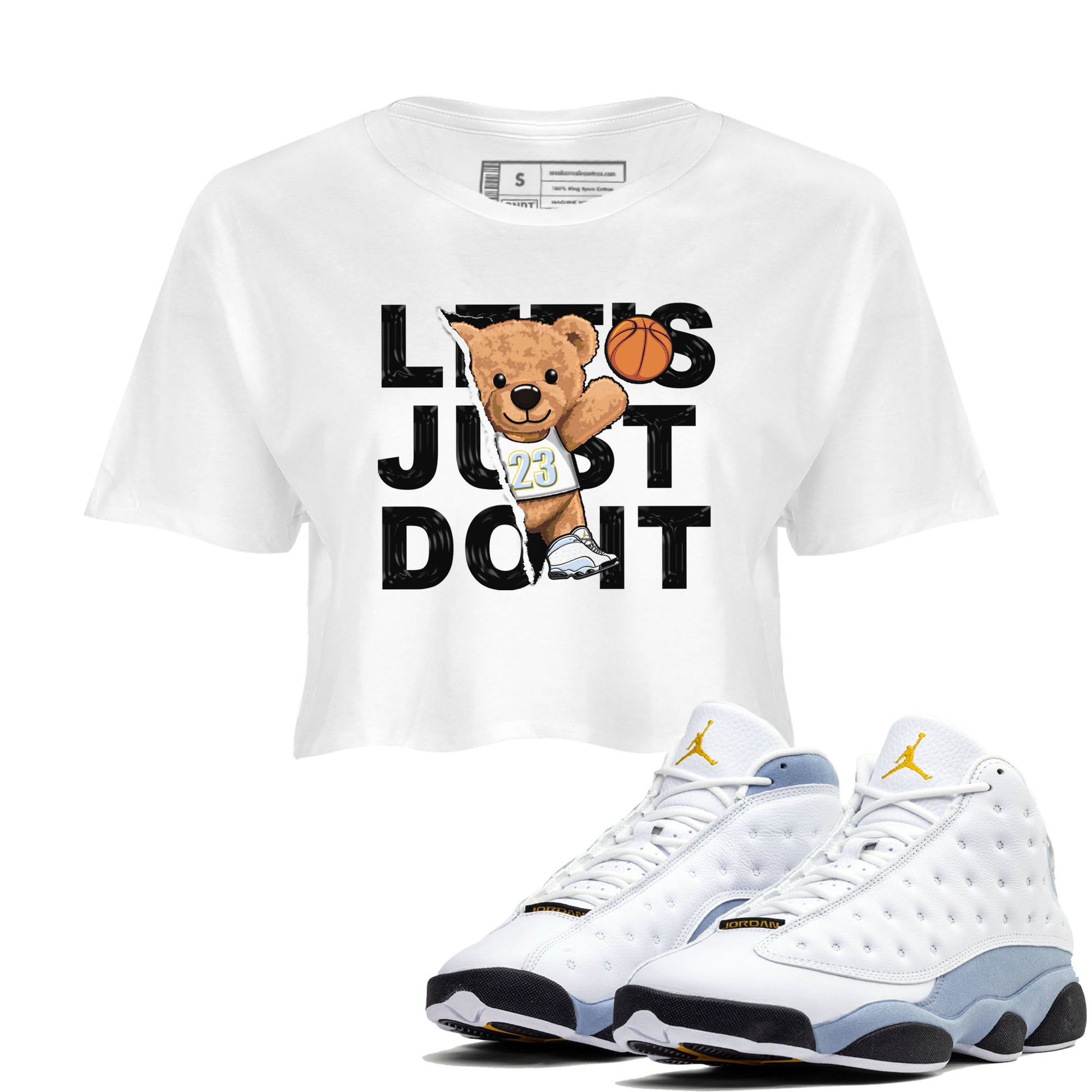 13s Blue Grey shirt to match jordans Rip Out Bear sneaker tees Air Jordan 13 Blue Grey SNRT Sneaker Release Tees White 1 crop length shirt