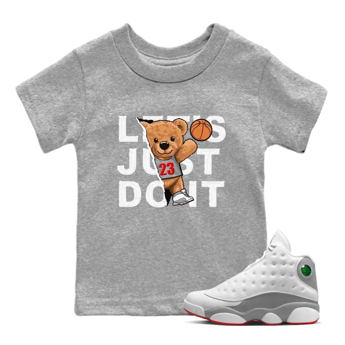 AJ13 Wolf Grey Sneaker Match Tees Rip Out Bear Sneaker Tees Air Jordan 13 Wolf Grey SNRT Sneaker Release Tees Kids Shirts Heather Grey 1