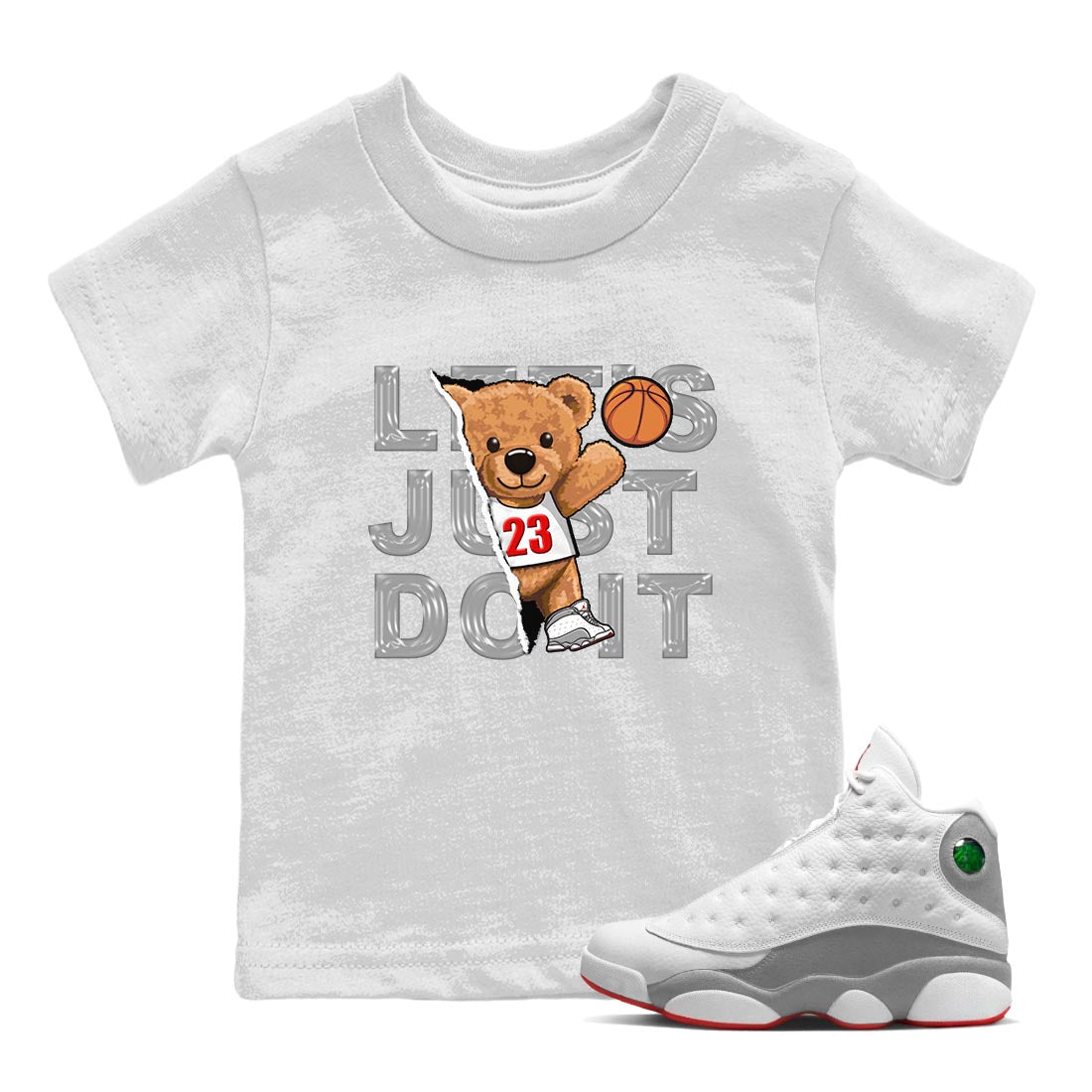 AJ13 Wolf Grey Sneaker Match Tees Rip Out Bear Sneaker Tees Air Jordan 13 Wolf Grey SNRT Sneaker Release Tees Kids Shirts White 1