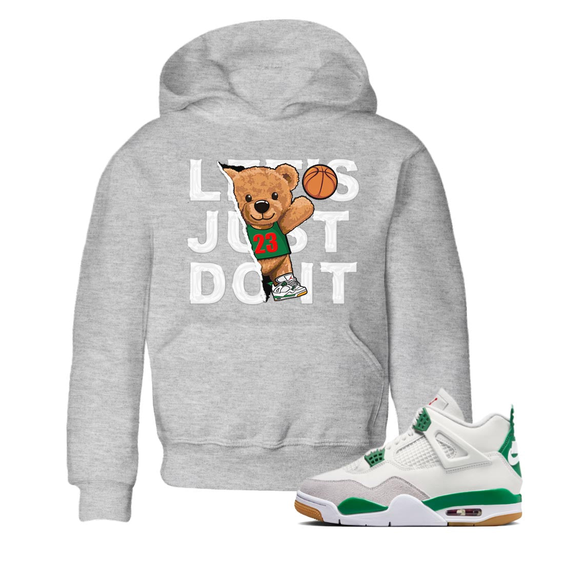 Air Jordan 4 Pine Green Sneaker Match Tees Rip Out Bear Sneaker Tees AJ 4s Pine Green Sneaker Release Tees Kids Shirts Heather Grey 1