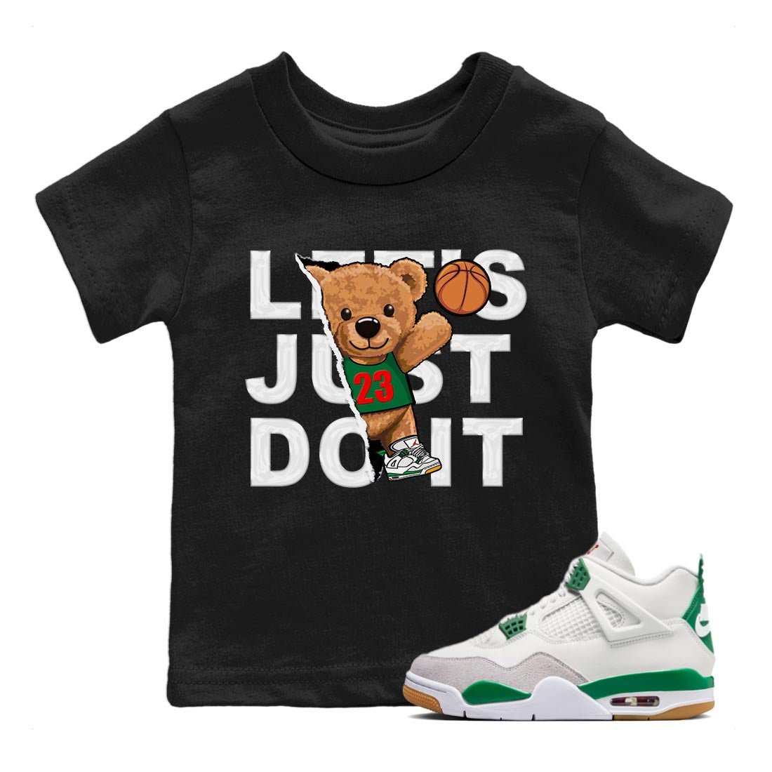 Air Jordan 4 Pine Green Sneaker Match Tees Rip Out Bear Sneaker Tees AJ 4s Pine Green Sneaker Release Tees Kids Shirts Black 1