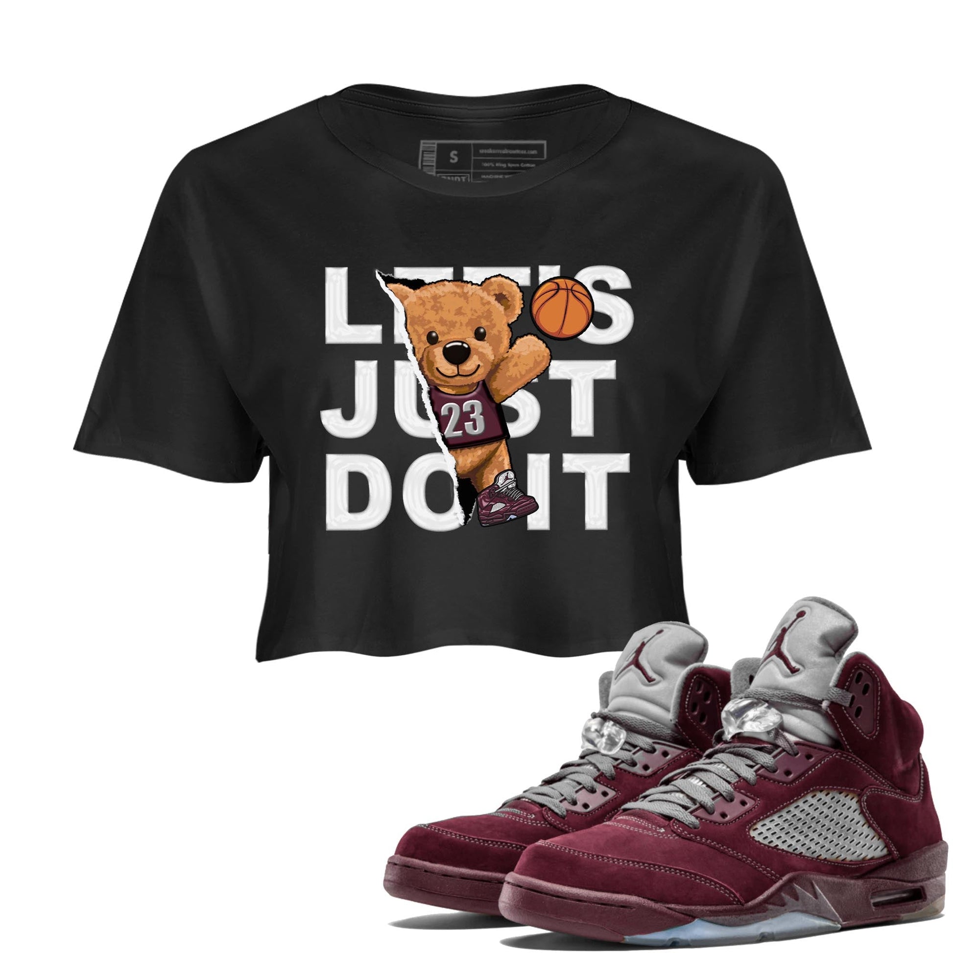 Jordan 5 Burgundy shirt to match jordans Rip Out Bear sneaker tees Crew Neck AJ5 Burgundy SNRT Sneaker Release Tees Black 1 Crop T-Shirt