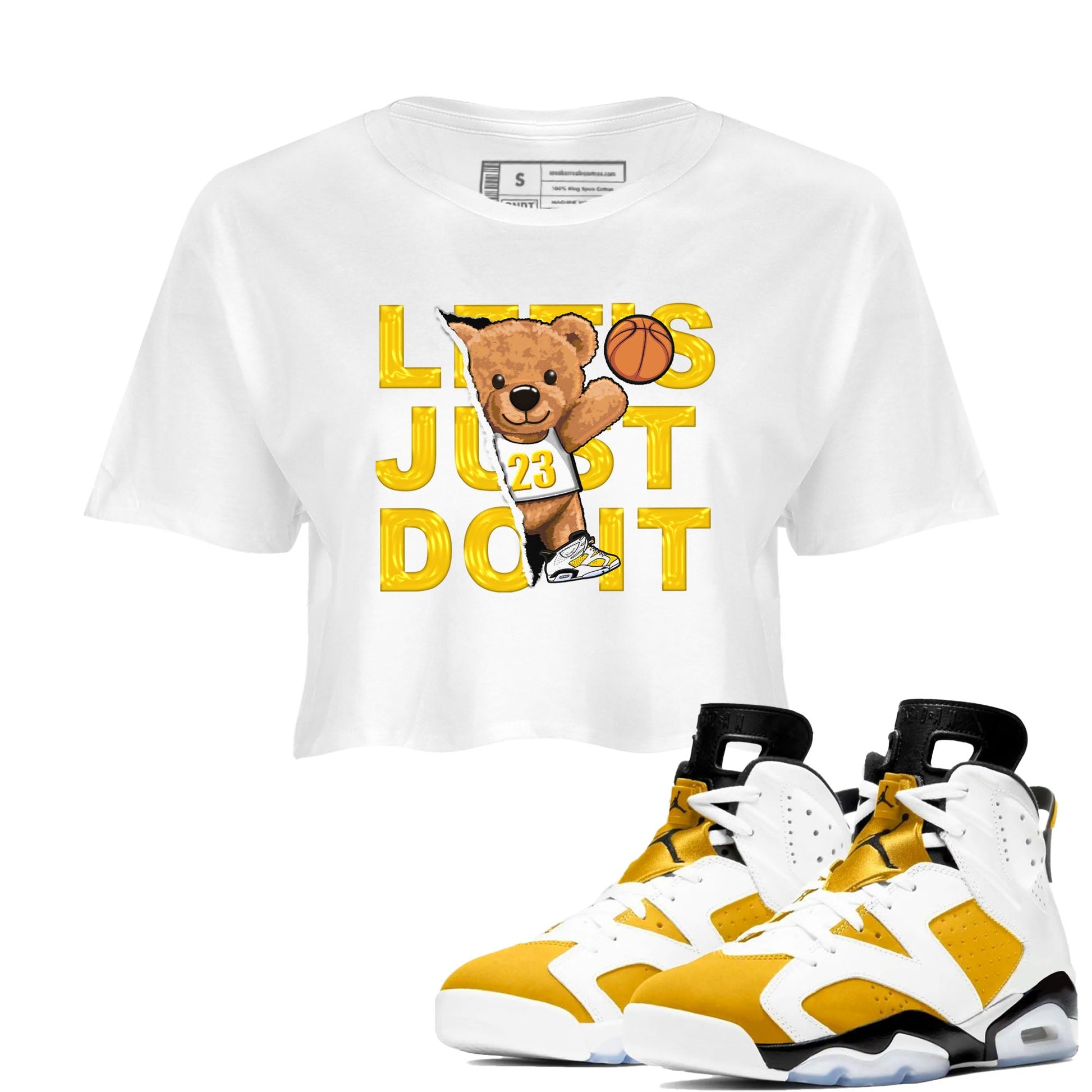 Rip Out Bear sneaker match tees to Yellow Ochre 6s street fashion brand for shirts to match Jordans SNRT Sneaker Tees Air Jordan 6 Yellow Ochre unisex t-shirt White 1 crop shirt