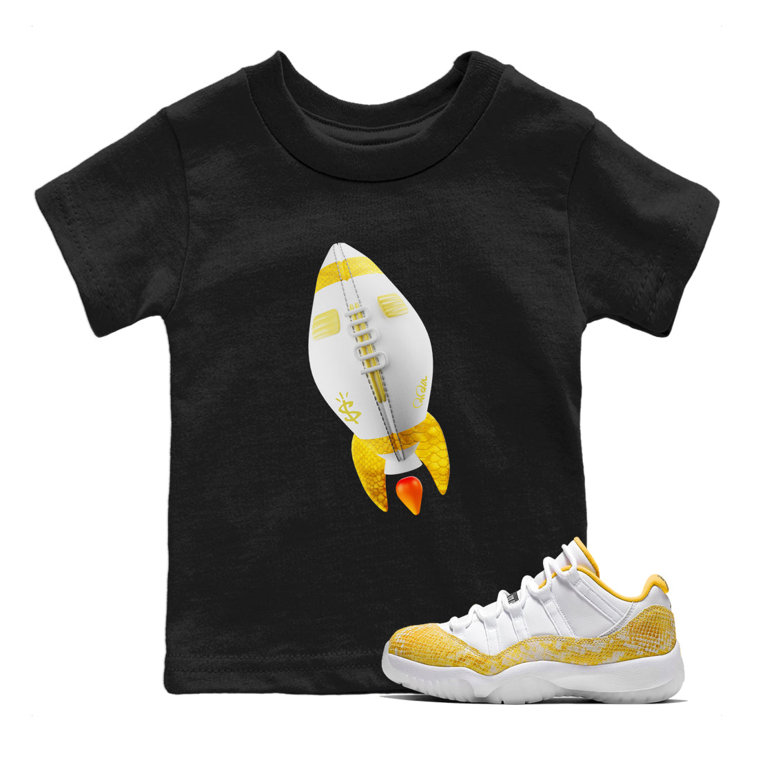 Air Jordan 11 Yellow Python Sneaker Match Tees Rugby Rocket Sneaker Tees AJ11 Yellow Python Sneaker Release Tees Kids Shirts Black 1