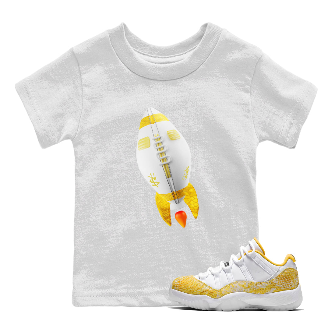 Air Jordan 11 Yellow Python Sneaker Match Tees Rugby Rocket Sneaker Tees AJ11 Yellow Python Sneaker Release Tees Kids Shirts White 1