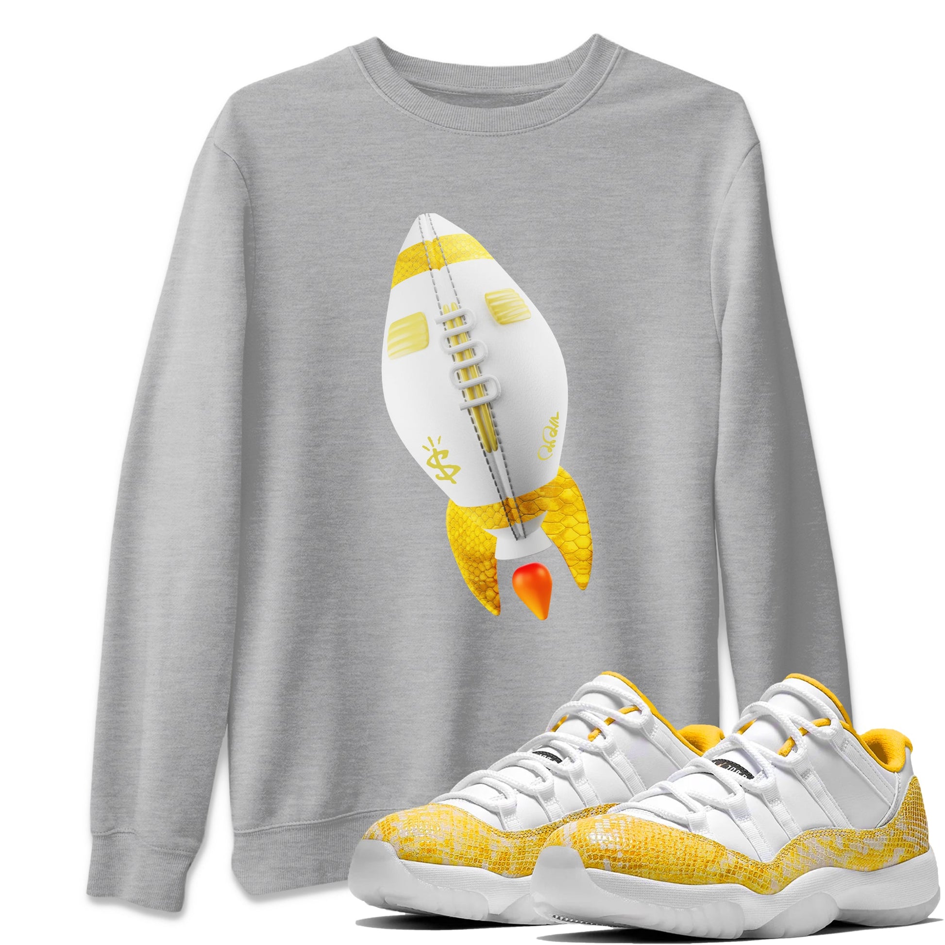 Air Jordan 11 Yellow Python Sneaker Match Tees Rugby Rocket Sneaker Tees AJ11 Yellow Python Sneaker Release Tees Unisex Shirts Heather Grey 1