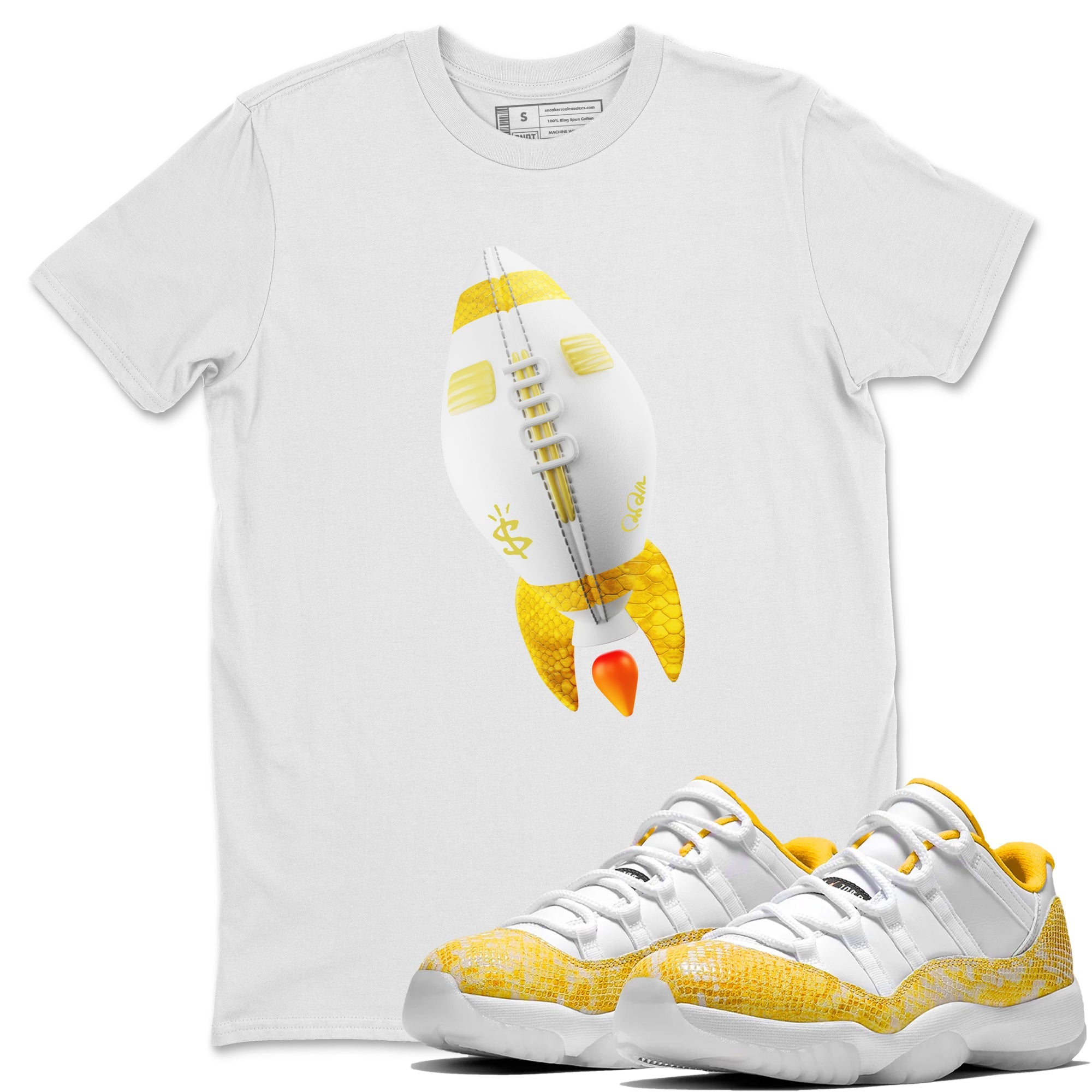 Air Jordan 11 Yellow Python Sneaker Match Tees Rugby Rocket Sneaker Tees AJ11 Yellow Python Sneaker Release Tees Unisex Shirts White 1