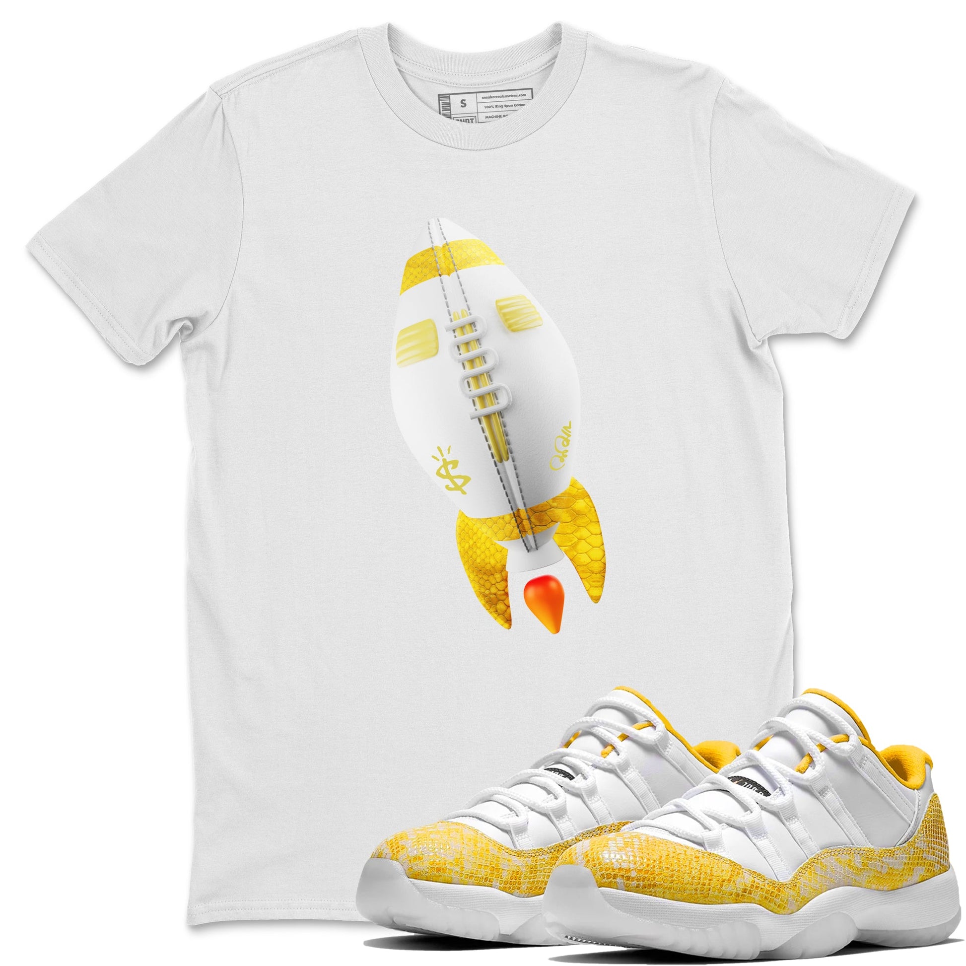 Air Jordan 11 Yellow Python Sneaker Match Tees Rugby Rocket Sneaker Tees AJ11 Yellow Python Sneaker Release Tees Unisex Shirts White 1