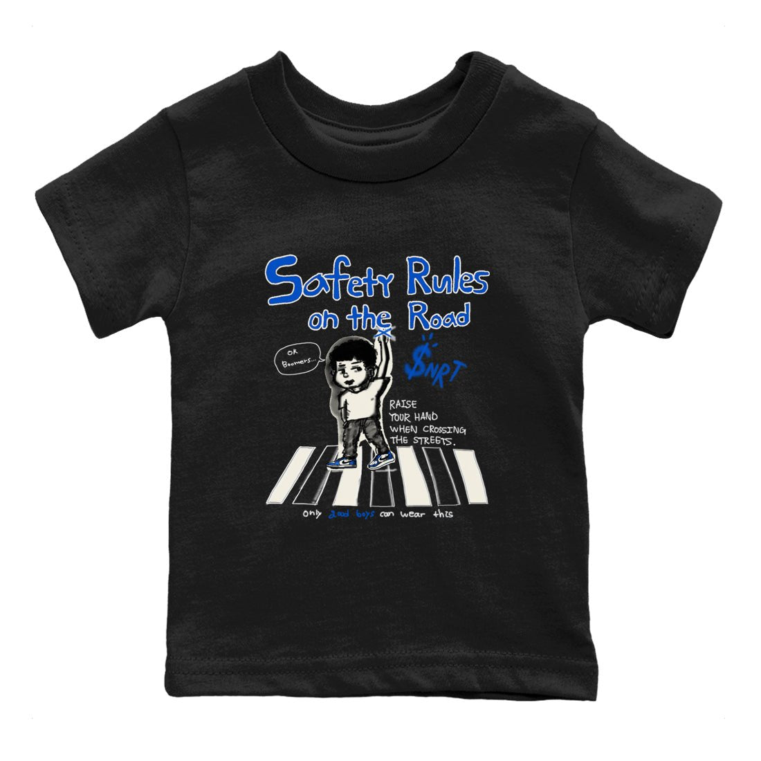 AJ1 Game Royal shirt to match jordans Safety Rules On The Road sneaker tees AJ1 Game Royal SNRT sneaker release tees baby toddler Black 2 cotton Shirt
