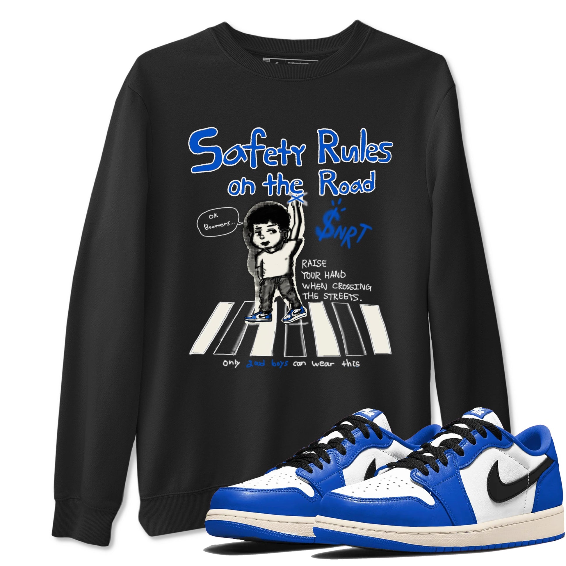 AJ1 Game Royal shirt to match jordans Safety Rules On The Road sneaker tees AJ1 Game Royal SNRT Sneaker Release Tees unisex cotton Black 1 crew neck shirt