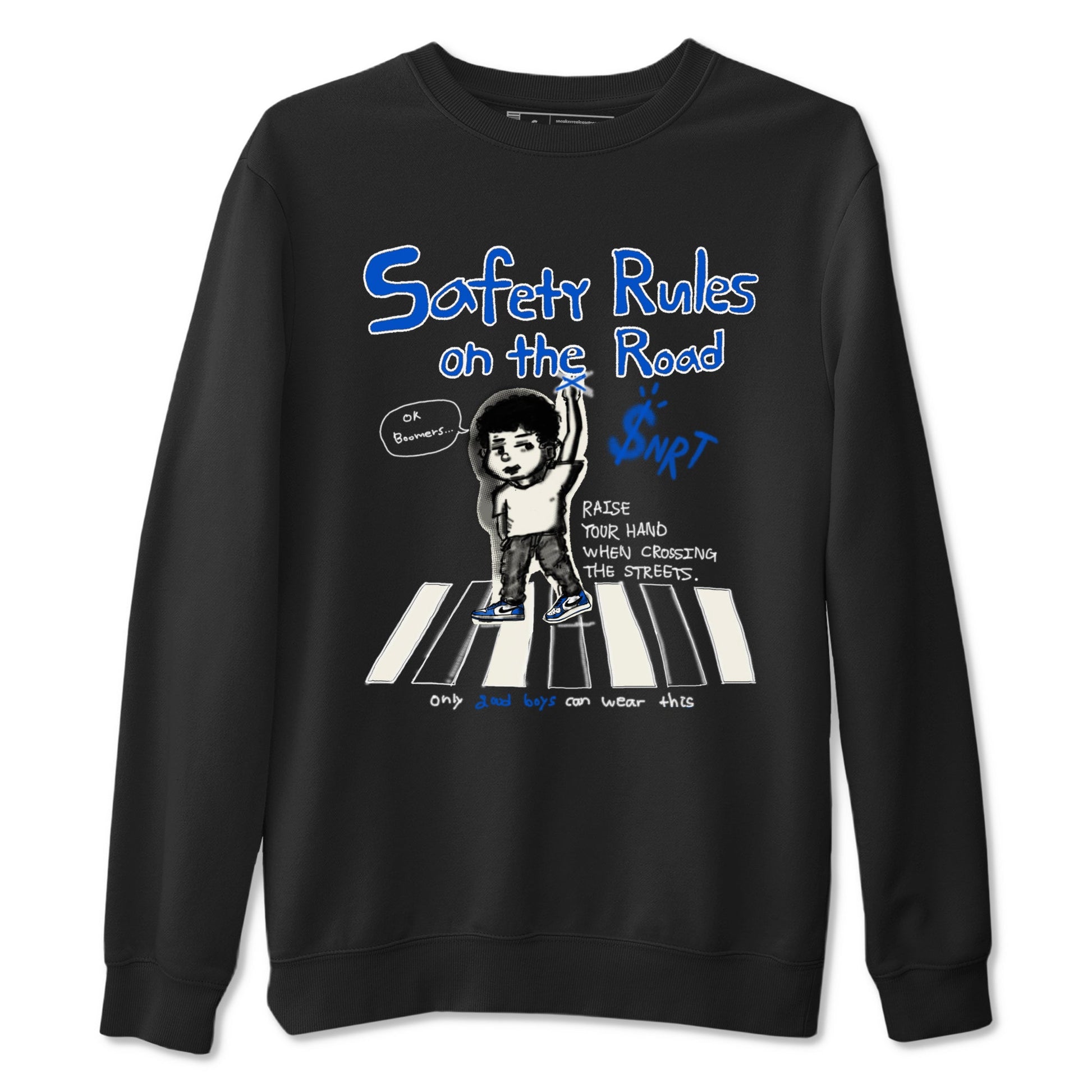AJ1 Game Royal shirt to match jordans Safety Rules On The Road sneaker tees AJ1 Game Royal SNRT Sneaker Release Tees unisex cotton Black 2 crew neck shirt
