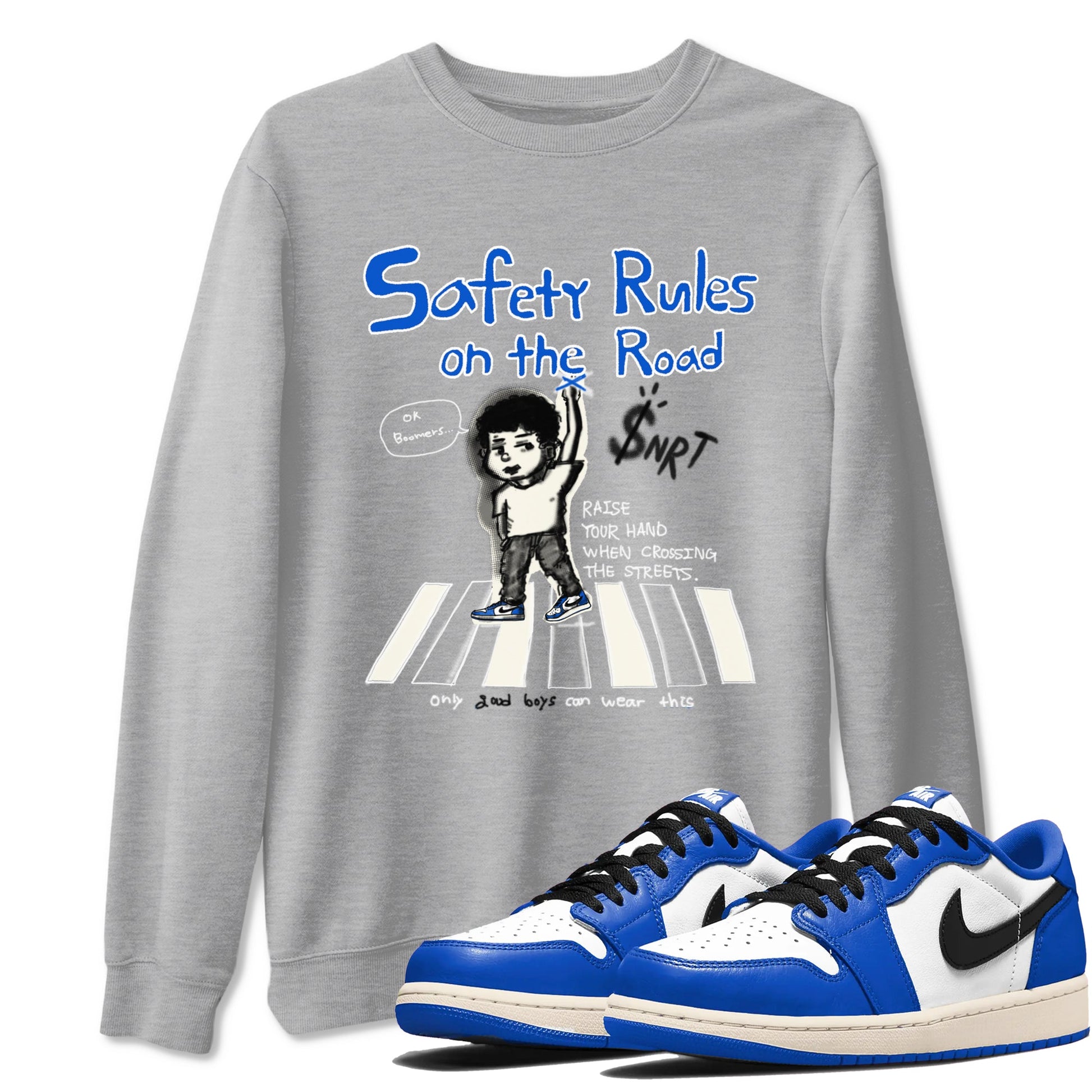 AJ1 Game Royal shirt to match jordans Safety Rules On The Road sneaker tees AJ1 Game Royal SNRT Sneaker Release Tees unisex cotton Heather Grey 1 crew neck shirt