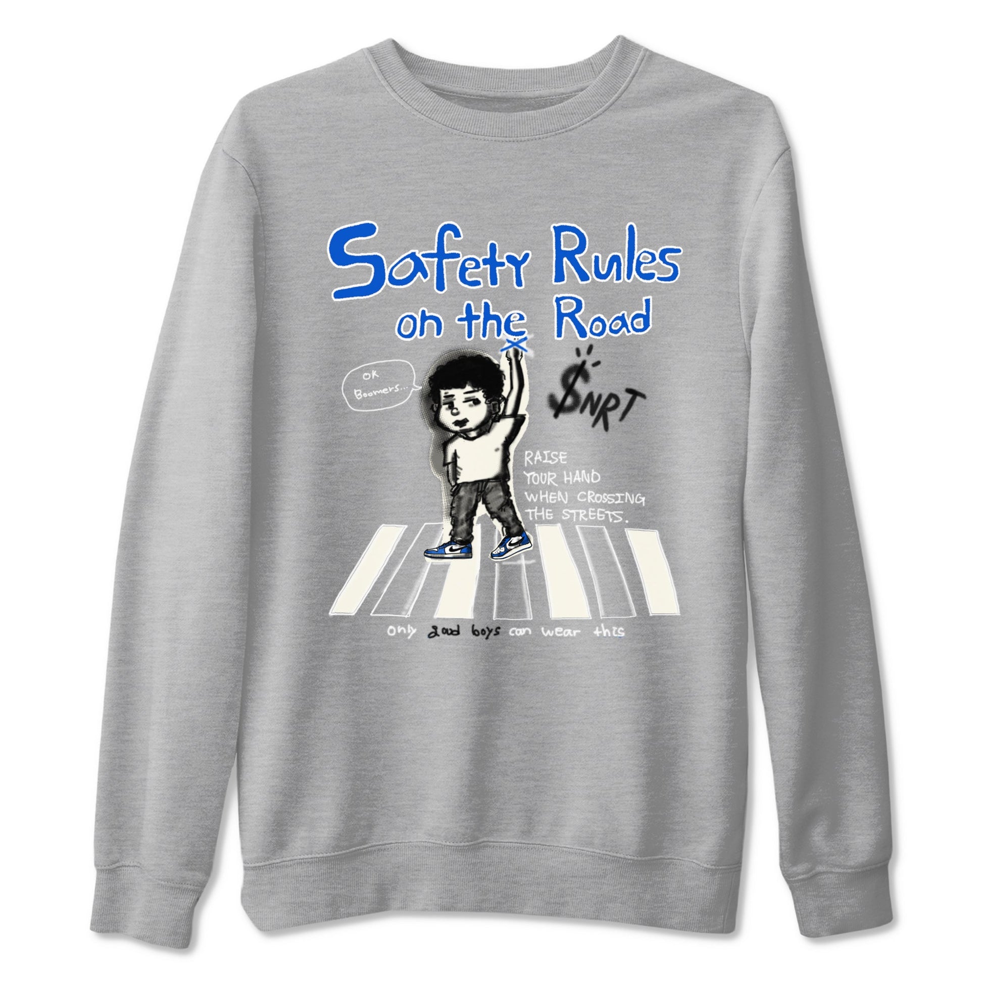 AJ1 Game Royal shirt to match jordans Safety Rules On The Road sneaker tees AJ1 Game Royal SNRT Sneaker Release Tees unisex cotton Heather Grey 2 crew neck shirt