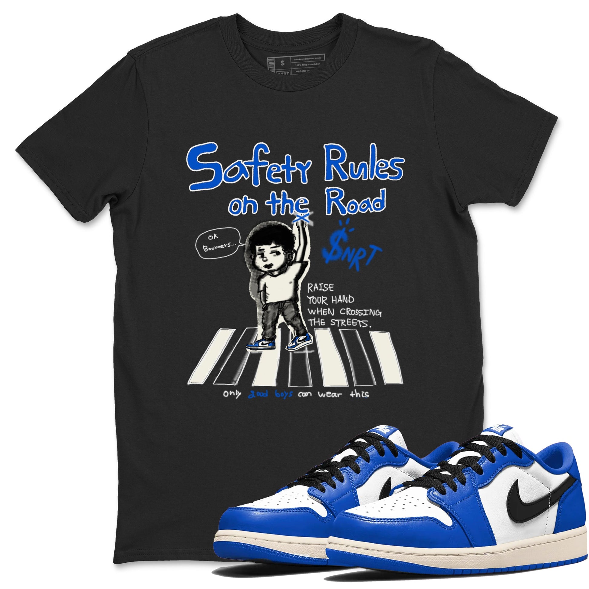 AJ1 Game Royal shirt to match jordans Safety Rules On The Road sneaker tees AJ1 Game Royal SNRT Sneaker Release Tees unisex cotton Black 1 crew neck shirt