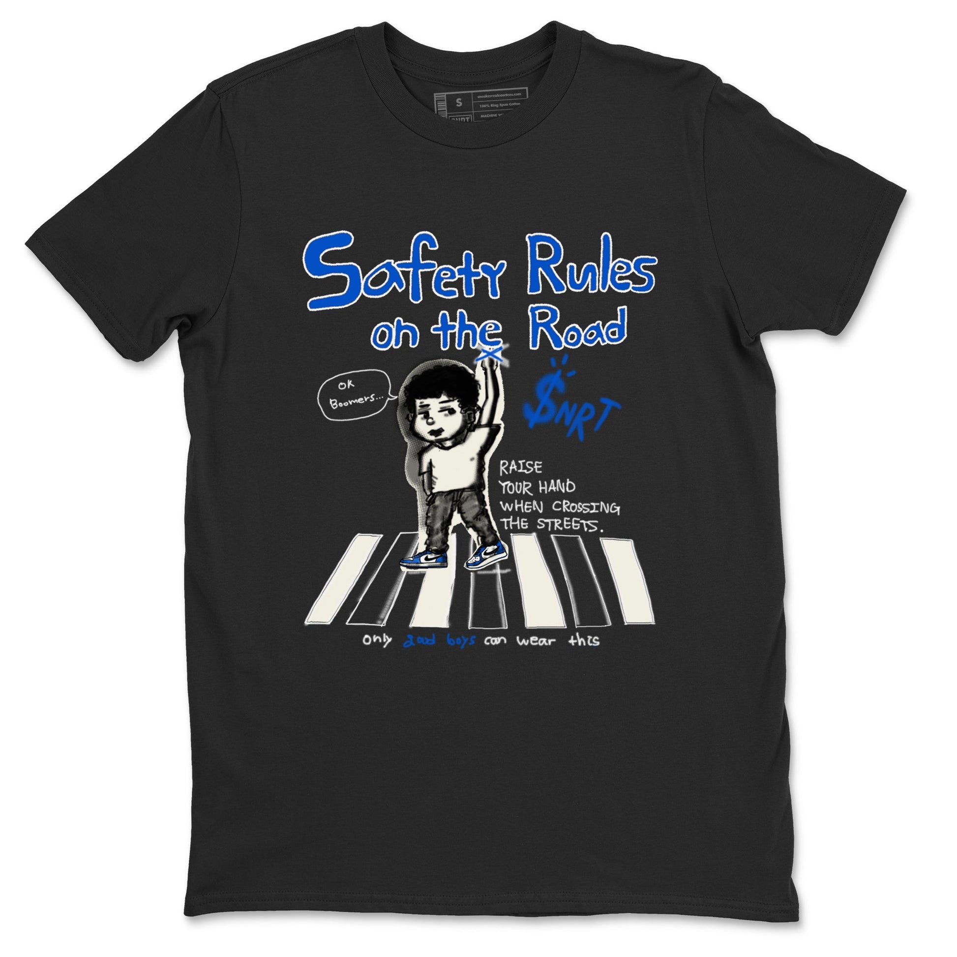AJ1 Game Royal shirt to match jordans Safety Rules On The Road sneaker tees AJ1 Game Royal SNRT Sneaker Release Tees unisex cotton Black 2 crew neck shirt