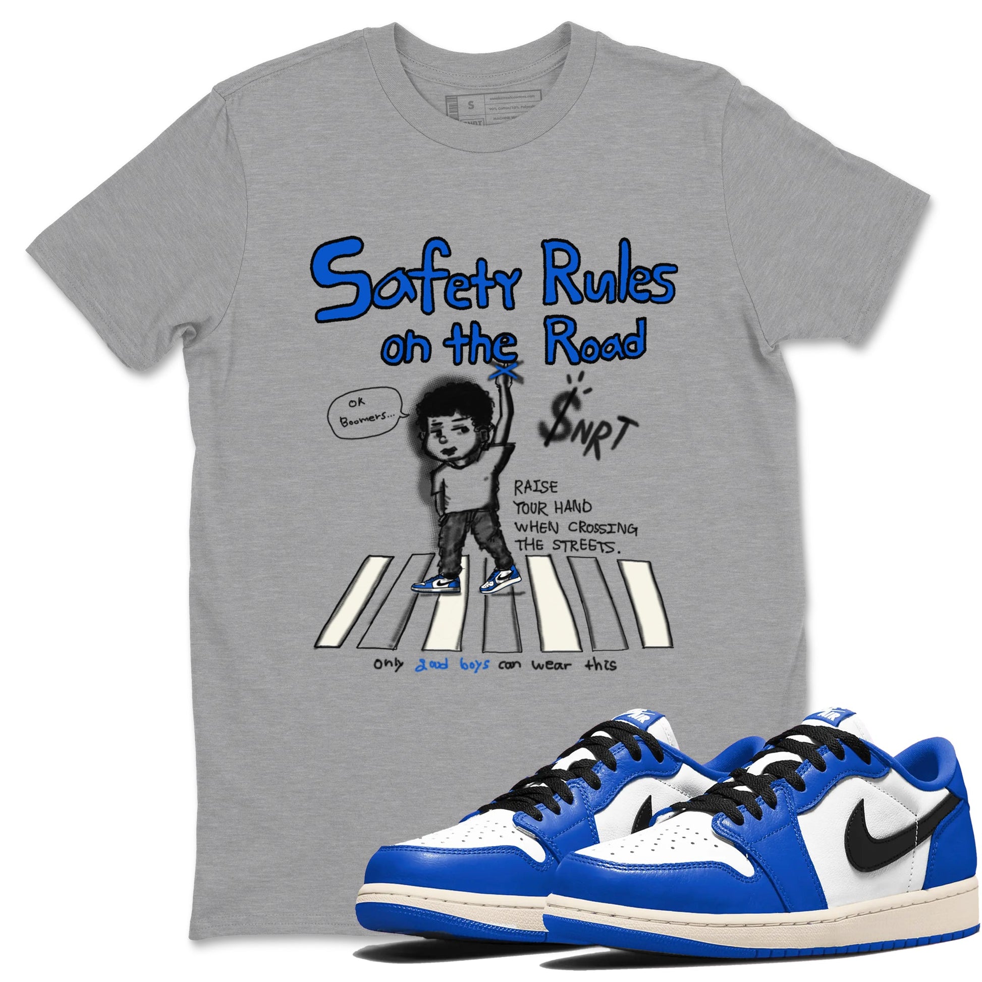 AJ1 Game Royal shirt to match jordans Safety Rules On The Road sneaker tees AJ1 Game Royal SNRT Sneaker Release Tees unisex cotton Heather Grey 1 crew neck shirt