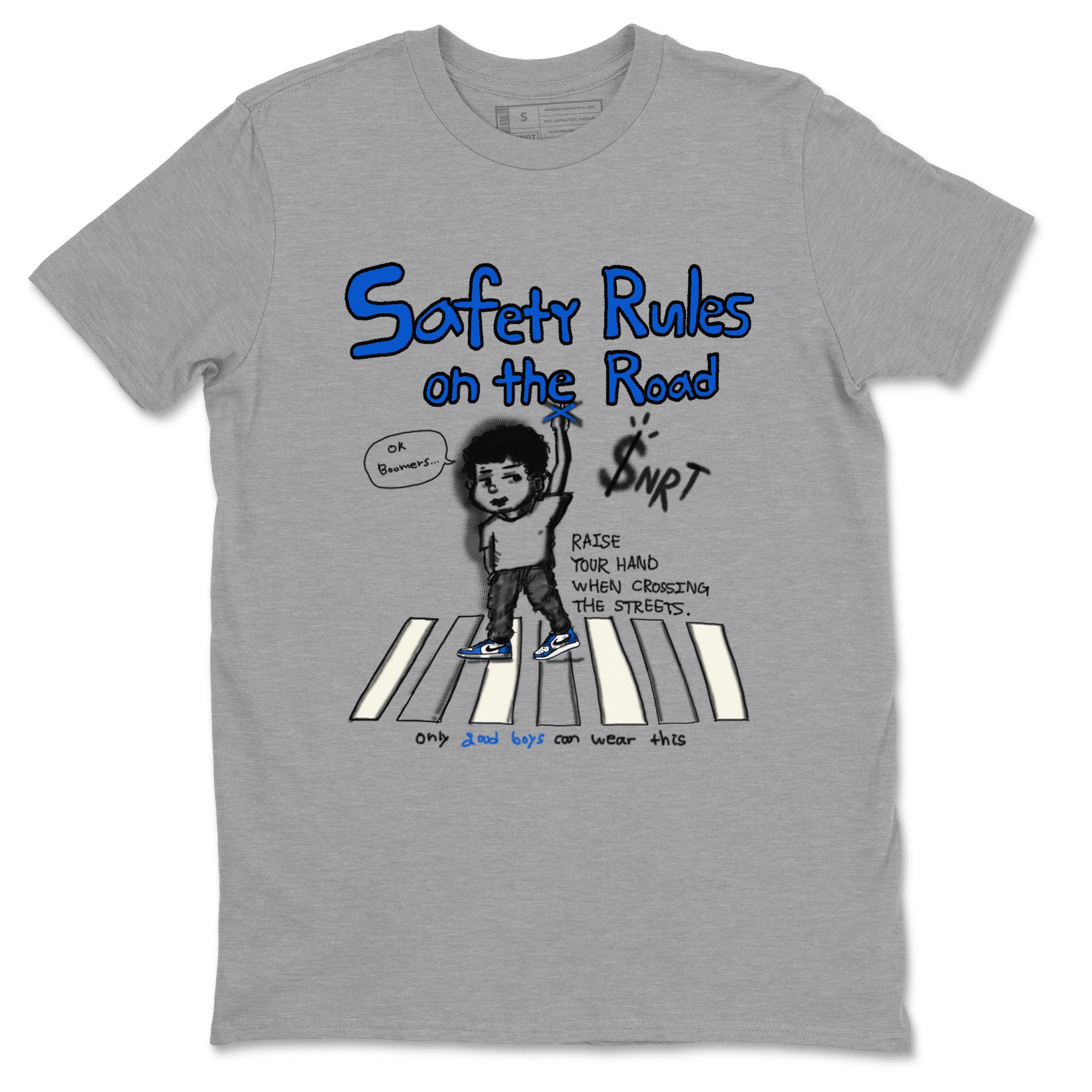 AJ1 Game Royal shirt to match jordans Safety Rules On The Road sneaker tees AJ1 Game Royal SNRT Sneaker Release Tees unisex cotton Heather Grey 2 crew neck shirt