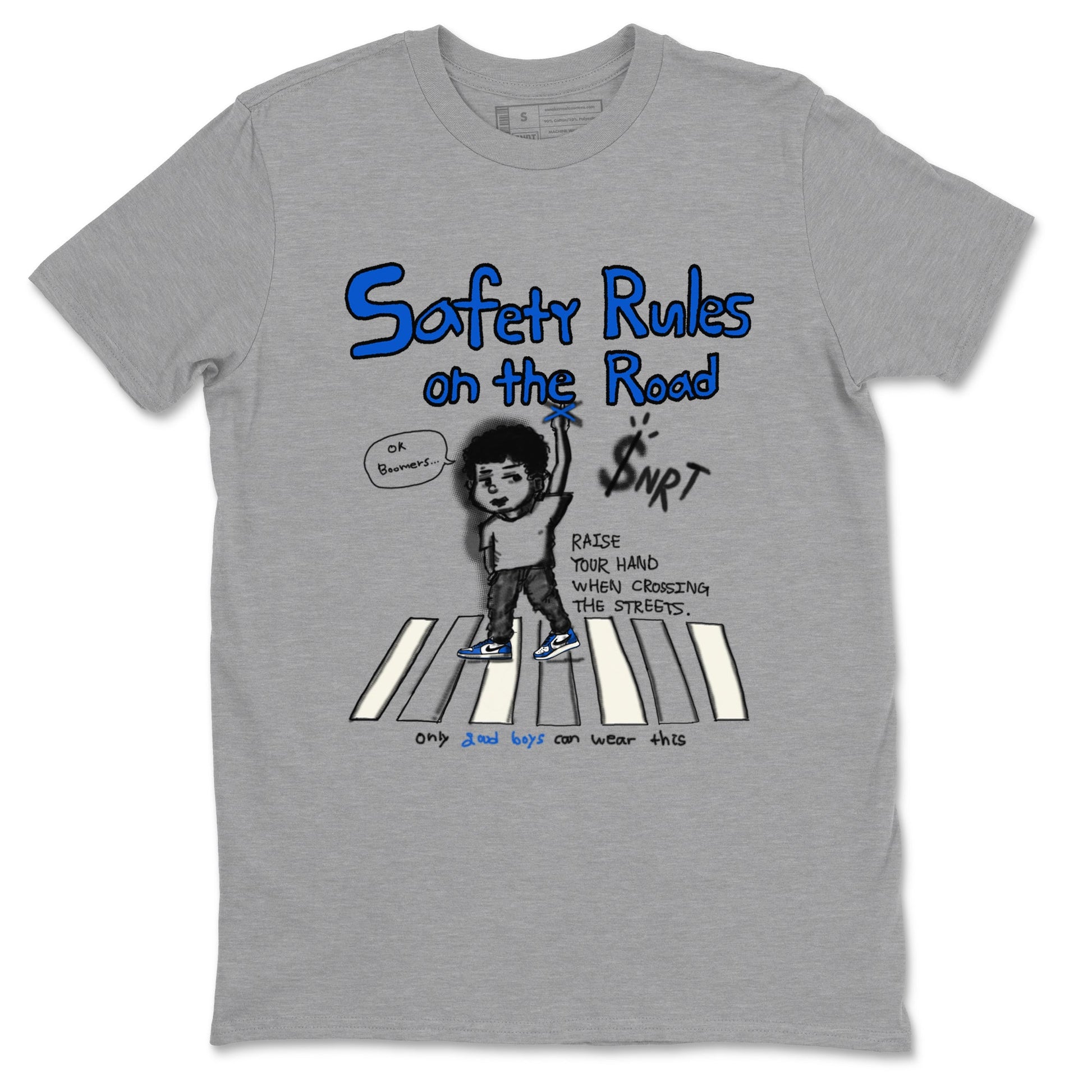 AJ1 Game Royal shirt to match jordans Safety Rules On The Road sneaker tees AJ1 Game Royal SNRT Sneaker Release Tees unisex cotton Heather Grey 2 crew neck shirt