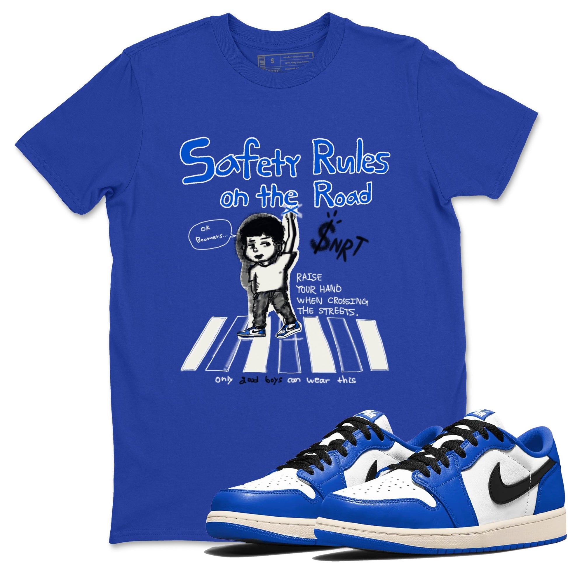 AJ1 Game Royal shirt to match jordans Safety Rules On The Road sneaker tees AJ1 Game Royal SNRT Sneaker Release Tees unisex cotton Royal Blue 1 crew neck shirt