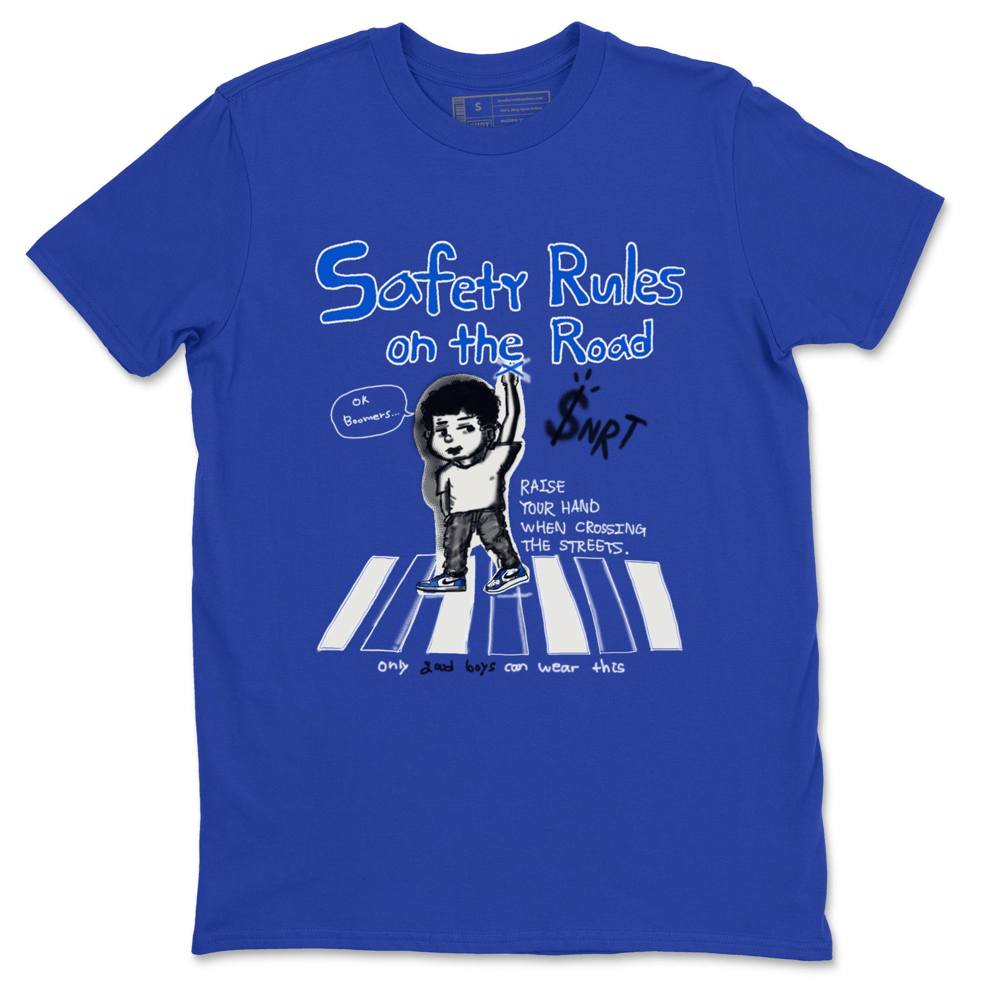 AJ1 Game Royal shirt to match jordans Safety Rules On The Road sneaker tees AJ1 Game Royal SNRT Sneaker Release Tees unisex cotton Royal Blue 2 crew neck shirt